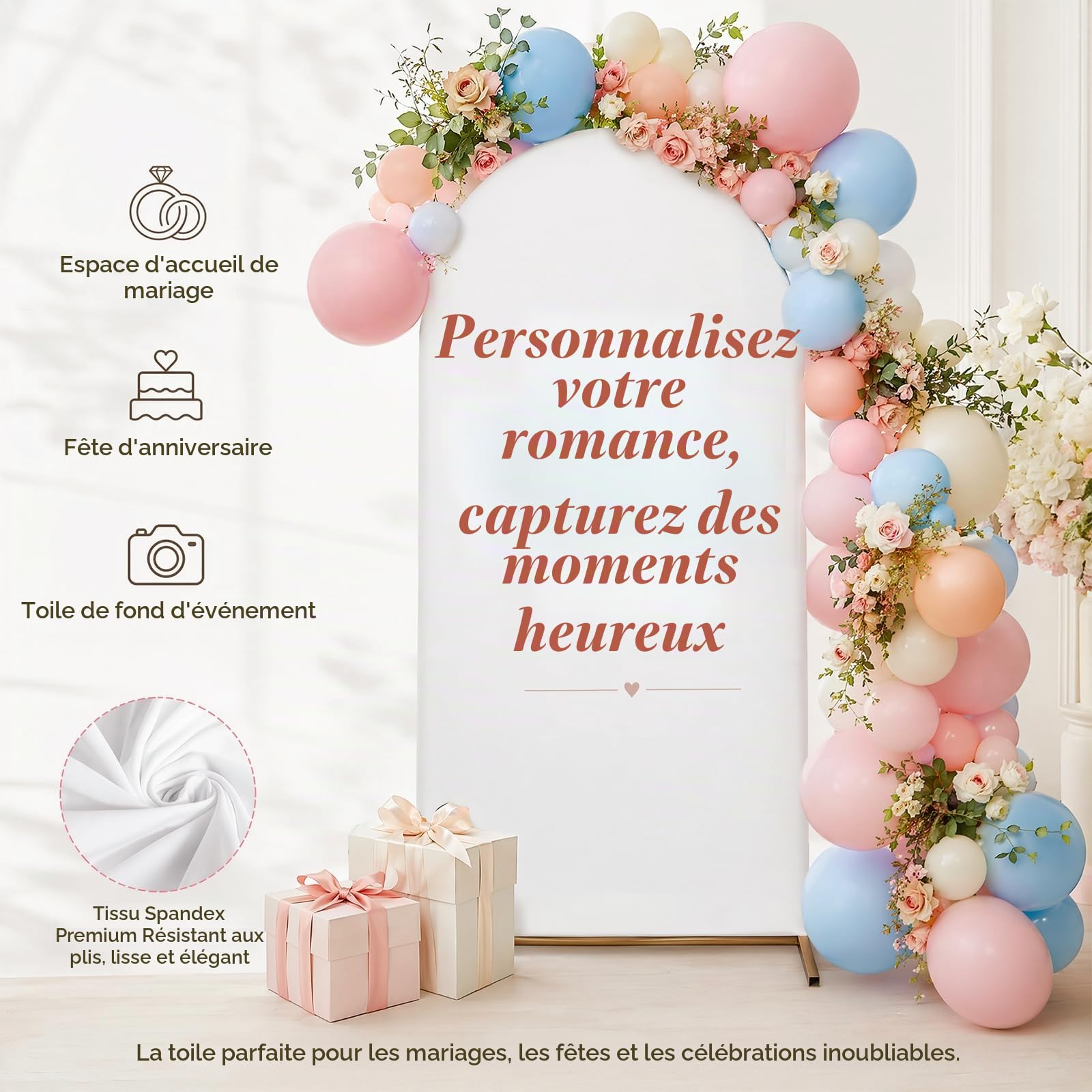 Lot de 3 Housses d’Arche de Mariage 1,8m / 2m / 2,2m, Tissu Fond Photo Respirant Réutilisable, Décoration pour Mariage, Anniversaire, Baptême et Événements