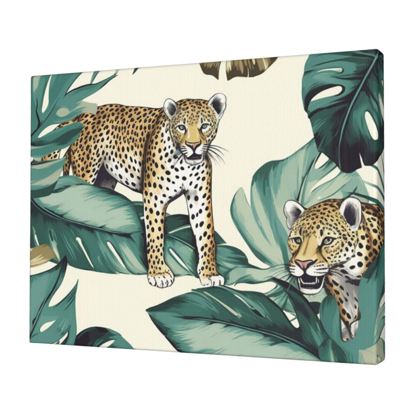 FodPand Canvas Wall Art for Living Room Wall Decor 12"x16" Modern Artwork Painting Pictures Hanging Canvas Prints Leopard And Palm Leaves Aesthetic Wall Art for Bedroom Bathroom Office Wallart Decor