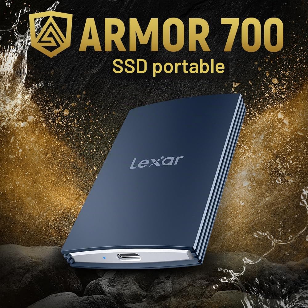 Lexar Armor 700 Disque Dur SSD Portable 8 to – Jusqu'à 2000 Mo/s en Lecture et écriture, USB 3.2 Gen 2x2, Robuste IP66 résistant à l'eau et à la poussière, Compatible avec PC, Mac, iPad, iPhone 15/16