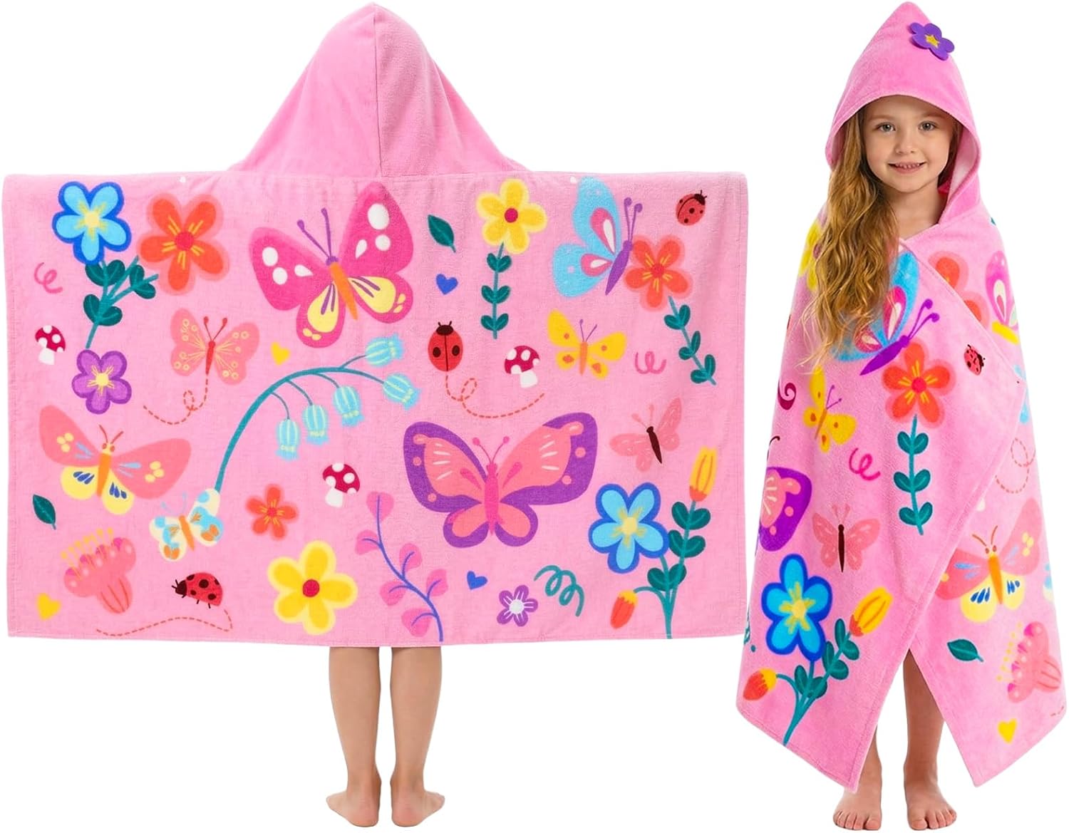 PinkSheep Hooded Bath Towel for Girls Age 3-10,100% Cotton Butterfly Toddler Towel with Snap Buttons,Super Soft and Absorbent Kids Beach & Swim Towel 30x50 Inches