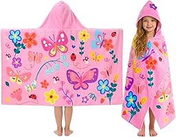 Pinksheep Hooded Bath Towel for Girls Age 3-10,100% Cotton Butterfly Toddler Towel with Snap Buttons,Super Soft and Absorbent Kids Beach & Swim Towel 30x50 Inches