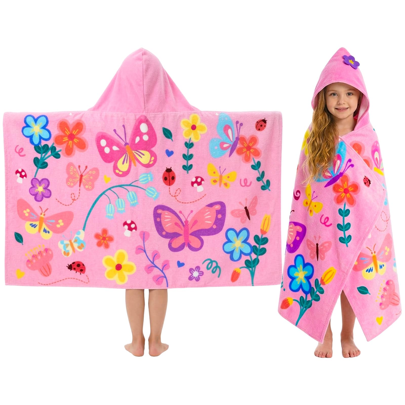 Pinksheep Hooded Bath Towel for Girls Age 3-10,100% Cotton Butterfly Toddler Towel with Snap Buttons,Super Soft and Absorbent Kids Beach & Swim Towel 30x50 Inches