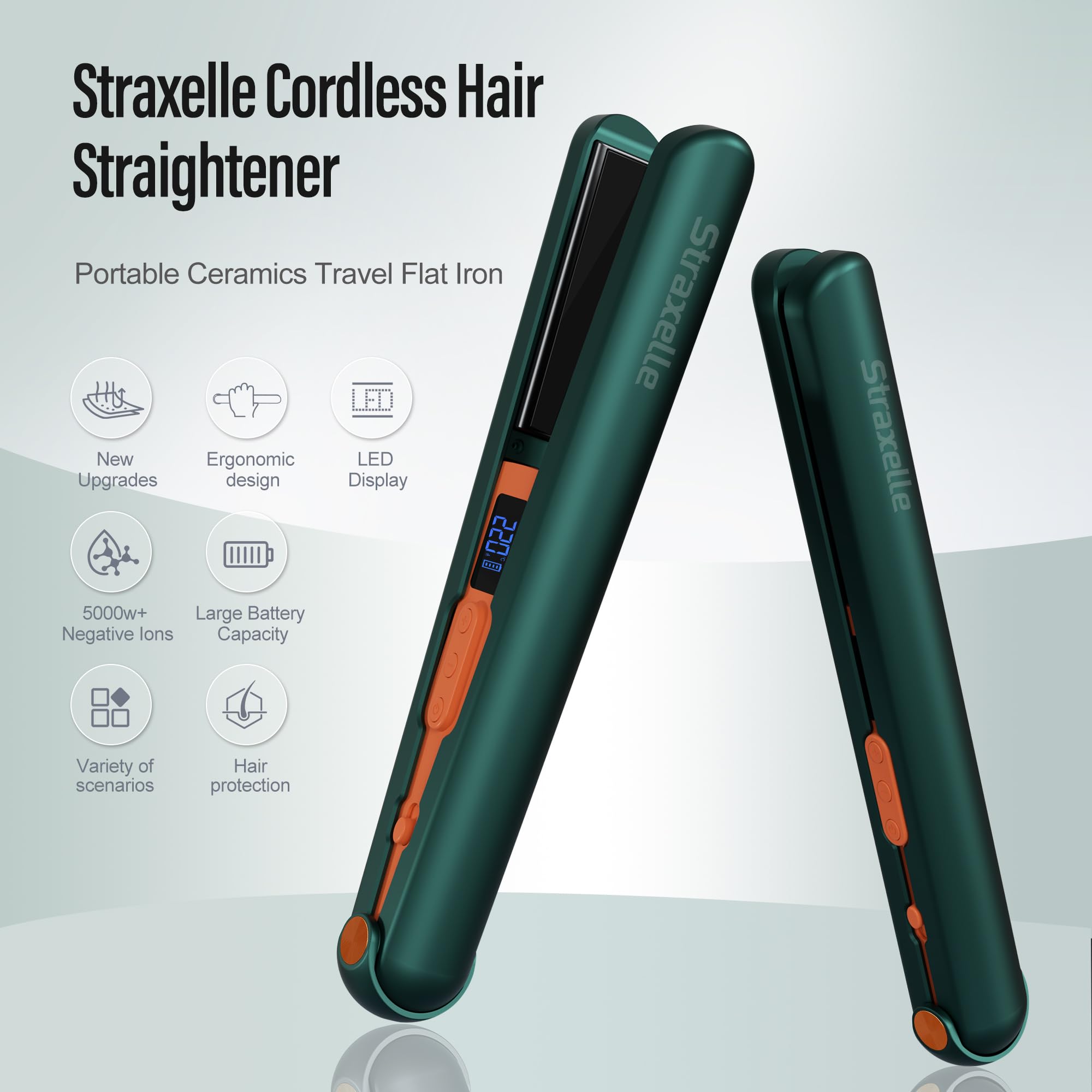 2 in 1 Glätteisen Locken und Glätten, 160°C-220°C Reise Glätteisen Kabellos 10000mAh Akku Haarglätter Tragbares mit LED Anzeige, 4 Einstellbare Temperaturen Haarglätter für Frauen Männer (Dunkelgrün)