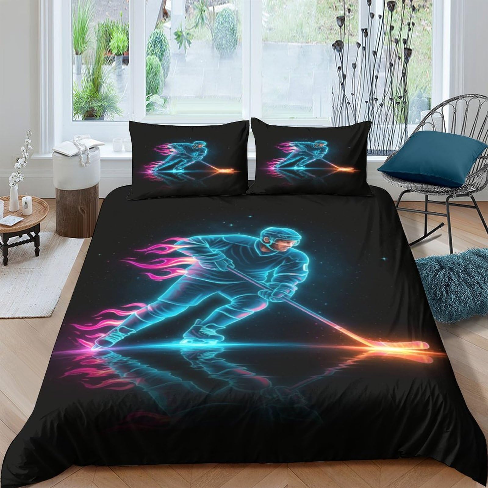 Ctjqhvkz Style-1 3D Printed Neon Hockey Player Fitted Sheet Microfiber Soft Skater Mattress Cover For Bedroom Dorm Decor Single（135X200cm）