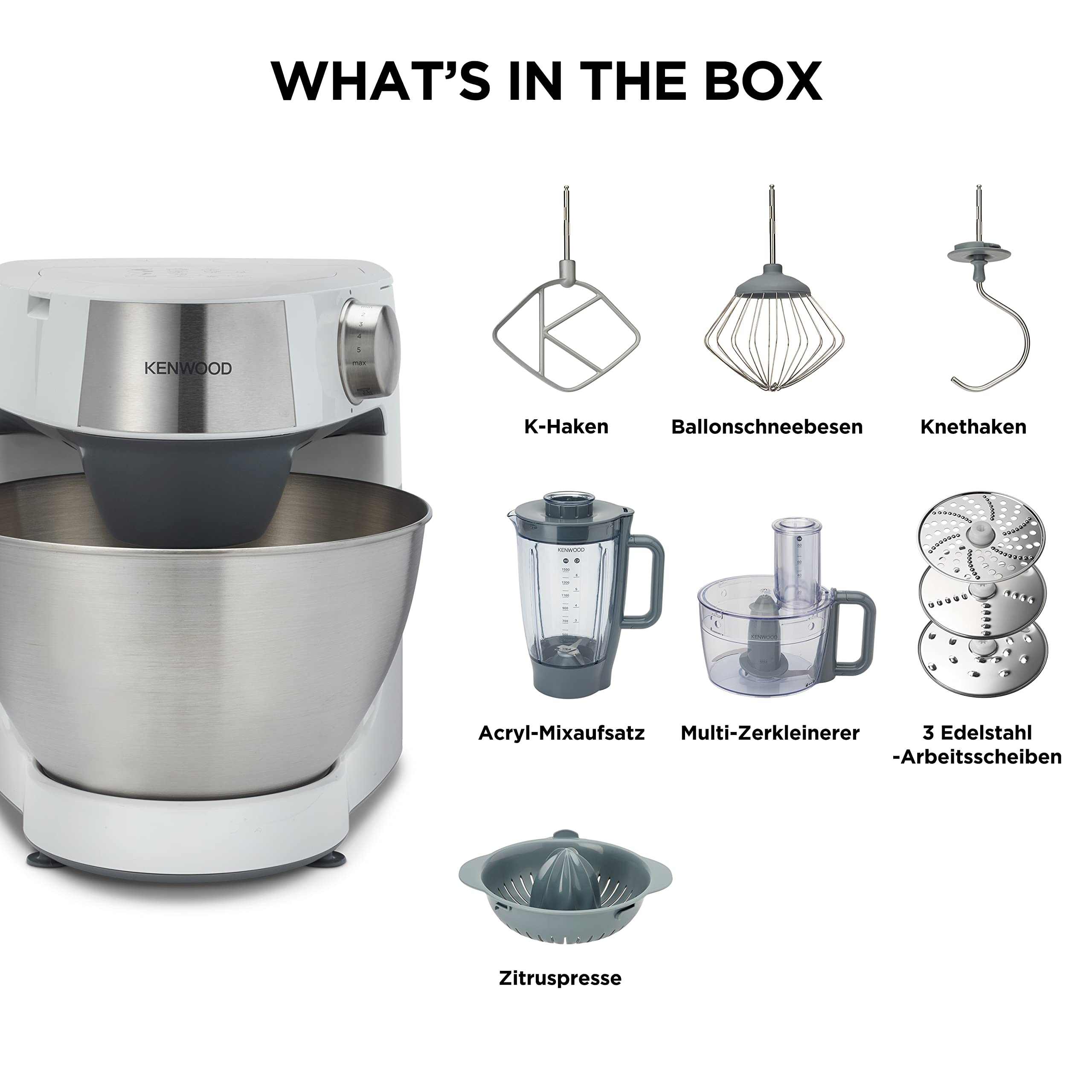 Kenwood Prospero+ KHC29.H0WH Küchenmaschine, 4,3 l Edelstahl Schüssel, 1000 Watt, inkl. 9-teiligem Zubehör-Set mit Zerkleinerer, Acryl-Mixaufsatz, Zitruspresse und mehr, Weiß