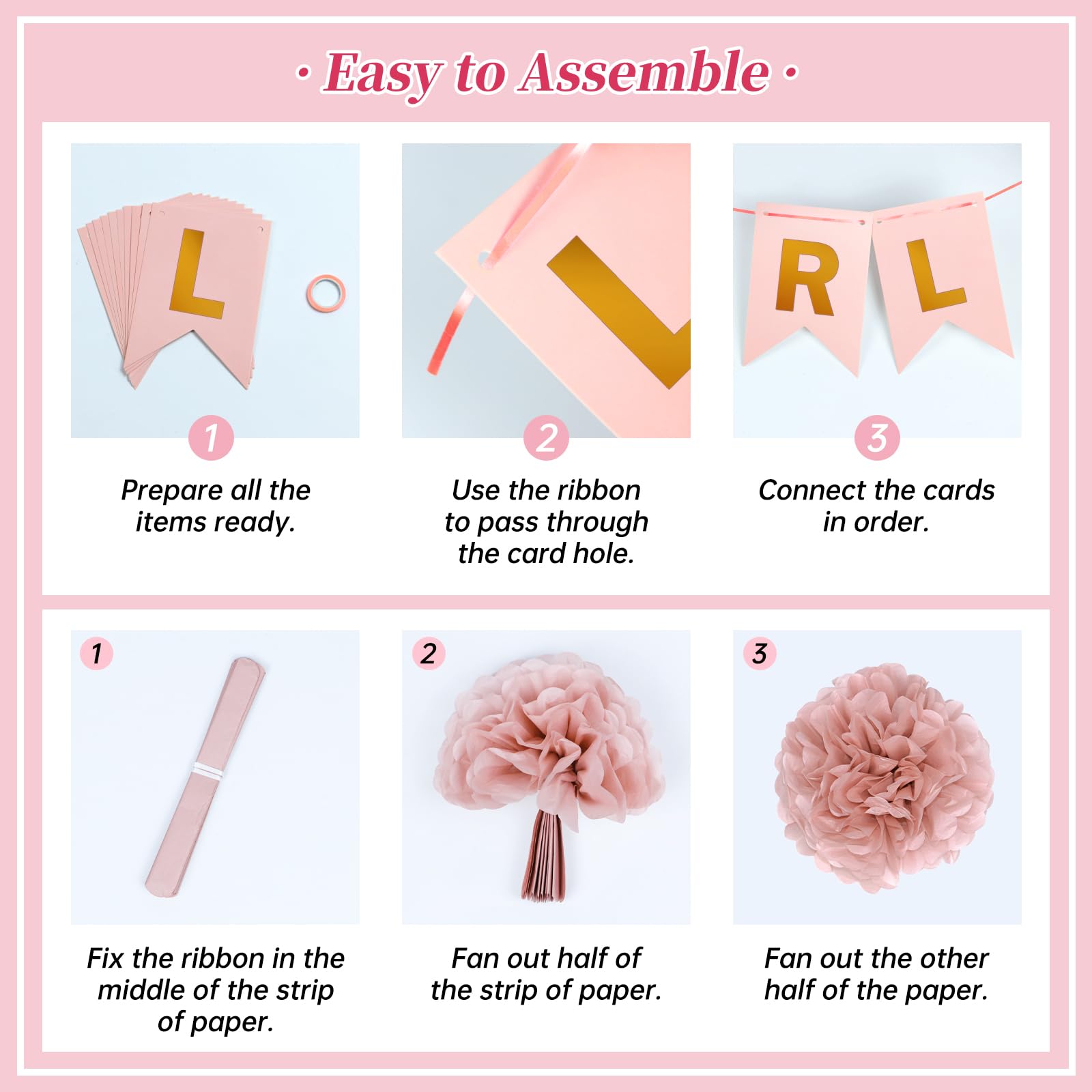 Pink Baby Shower Decorations with Ivory White Paper Pom Poms Rose Gold Dusty Pink Balloons Banner for Gender Reveal Birthday Party Baby Shower Decorations