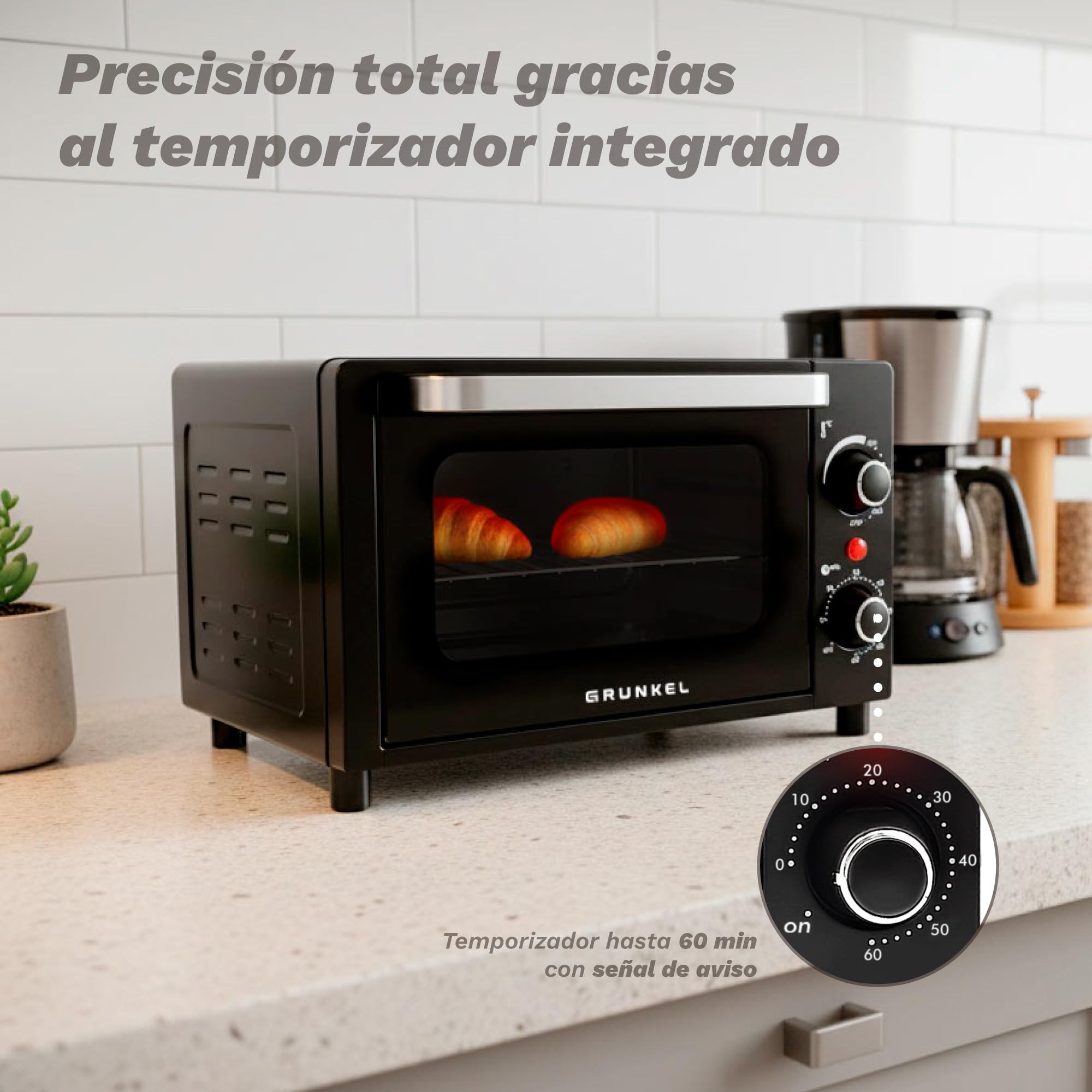 Grunkel Horno electrico de sobremesa tostador de 10 litros HR-10MINI con 3 funciones de calor y selector de temperatura hasta 230ºC. Temporizador hasta 60 min - 800W (Mini)