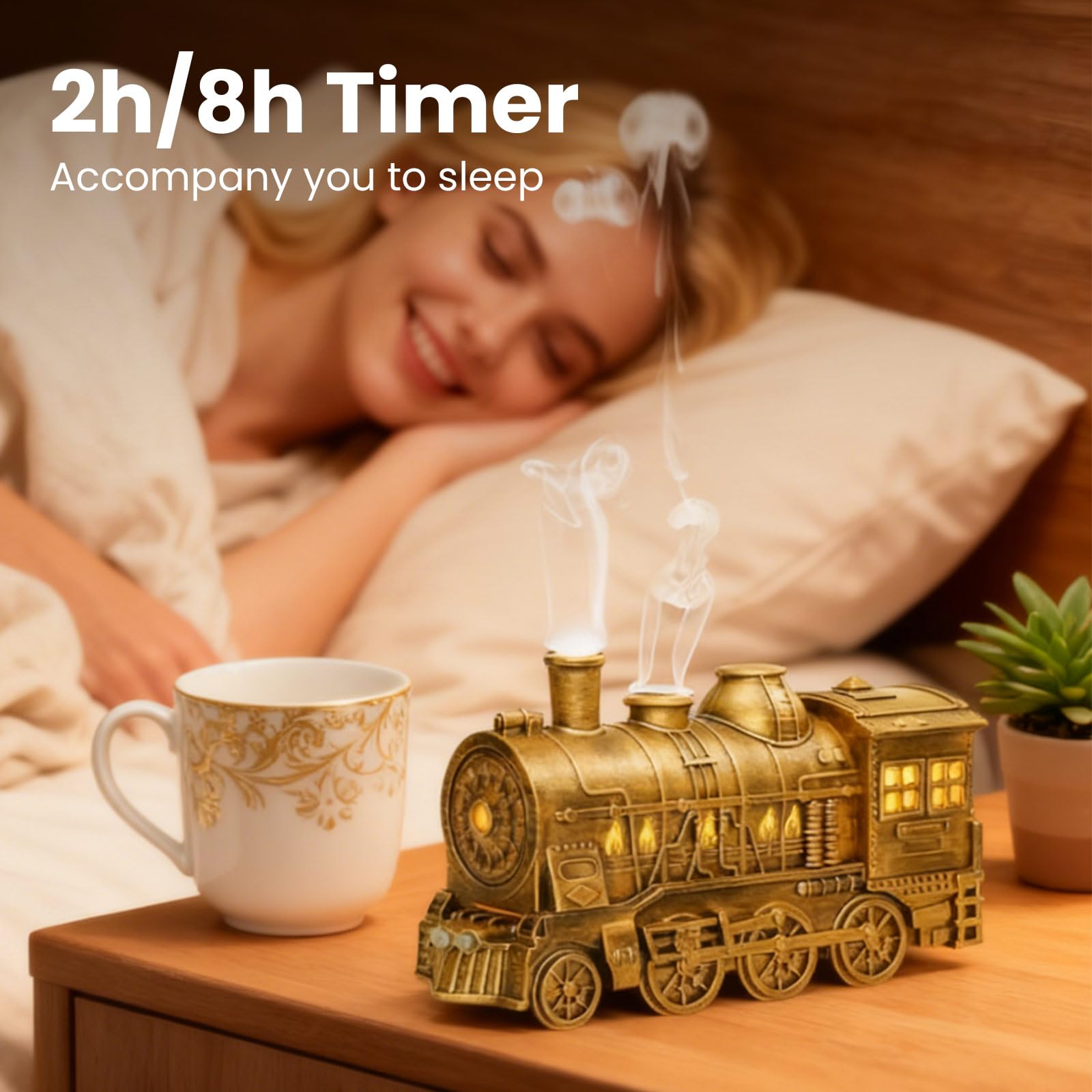 Aroma Diffuser für Ätherische Öle mit Fernbedienung,Luftbefeuchter Zug Diffusor 300ML,Zug Diffusor mit Züge Styling,2 Nebelmodi,4 LED Lichtfarben,Automatische Abschaltung,Flammeneffekt (Bronzefarben)