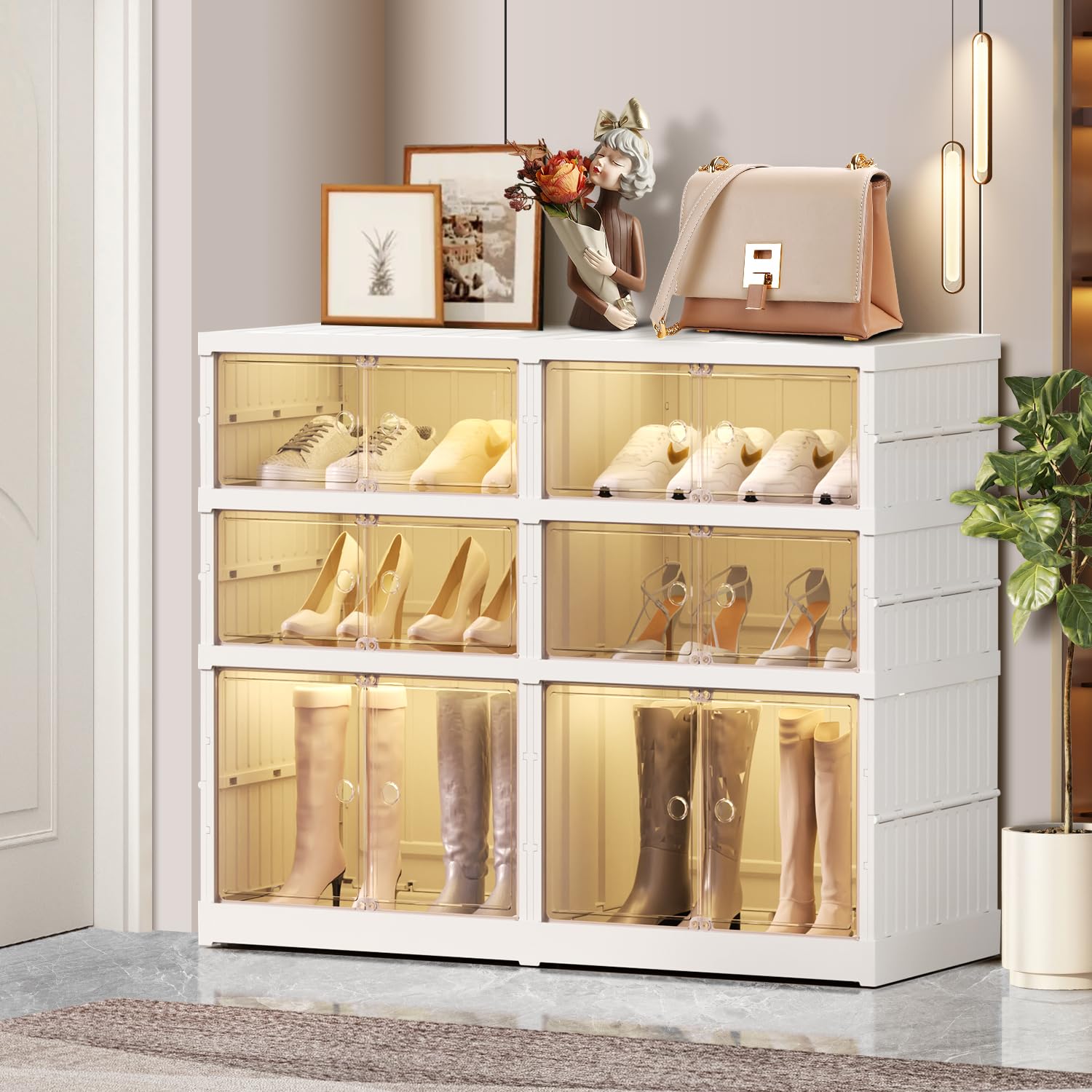 CIMLORD 3-Tier Foldable Shoe Rack, Magnetic Doors, 12 Pairs, White