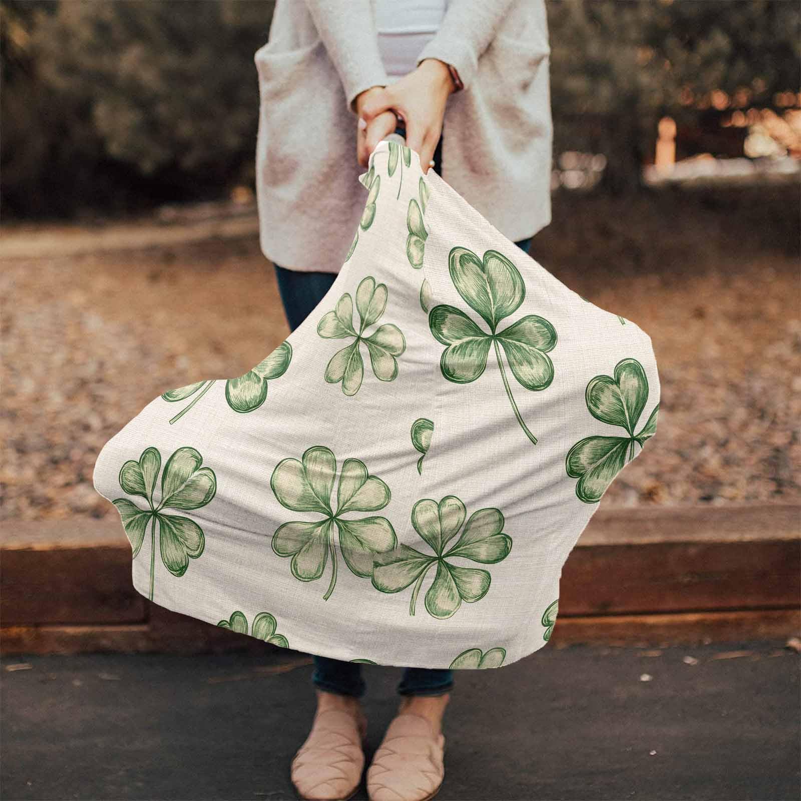Nursing Cover for Breastfeeding Scarf, Hand Drawn Retro Four-Leaf Grass St. Patrick's Day Baby Car Covers Super Soft Multi Use for Canopy Shopping Cart Cover Blanket Stroller Cover