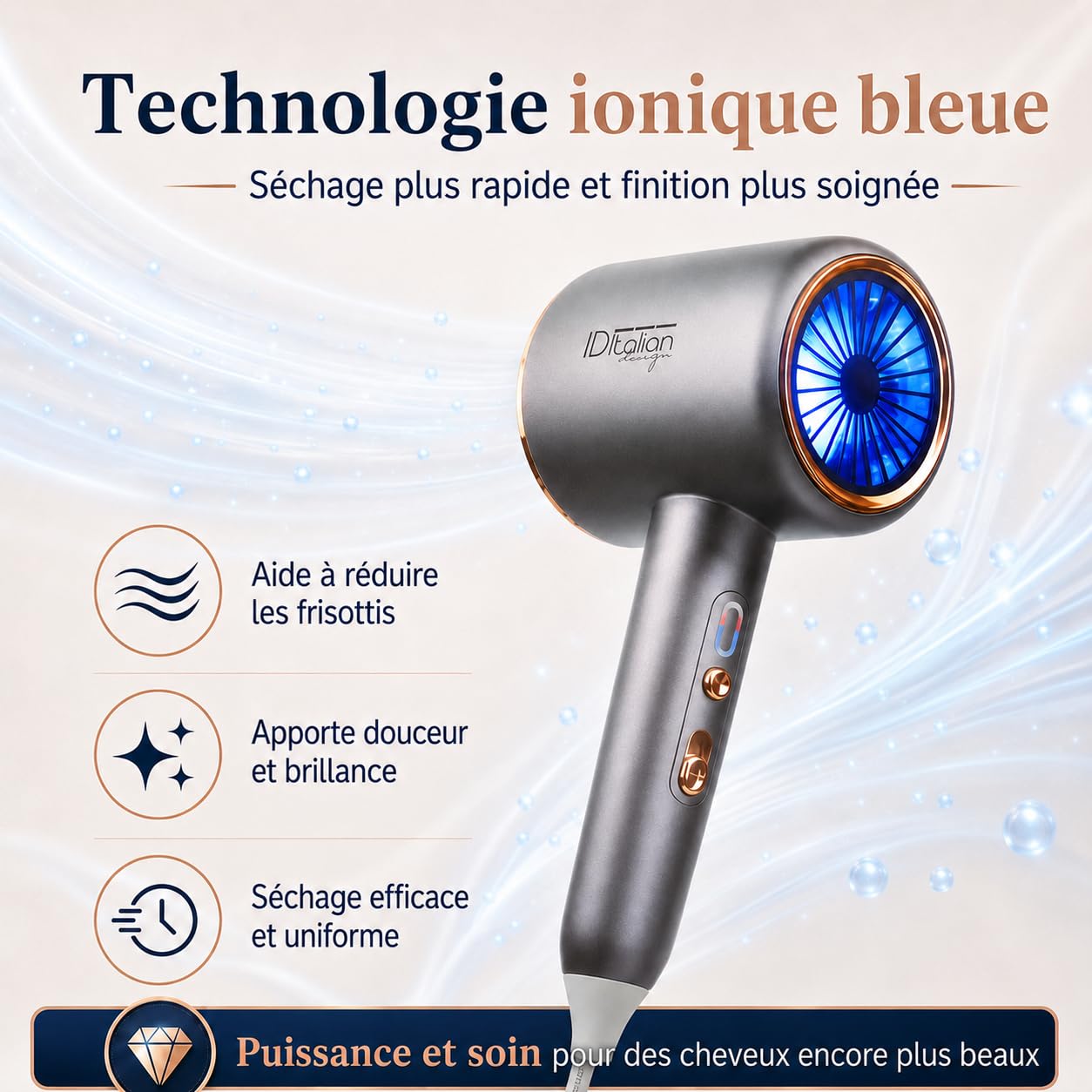 ID Italian Design – Sèche-cheveux Ionique Professionnel Cyclone Blue Ionic Power – Sèche-cheveux 2200 W, 3 Niveaux de Chaleur, Bouton Air Froid, 3 Vitesses et Fonction Ionique