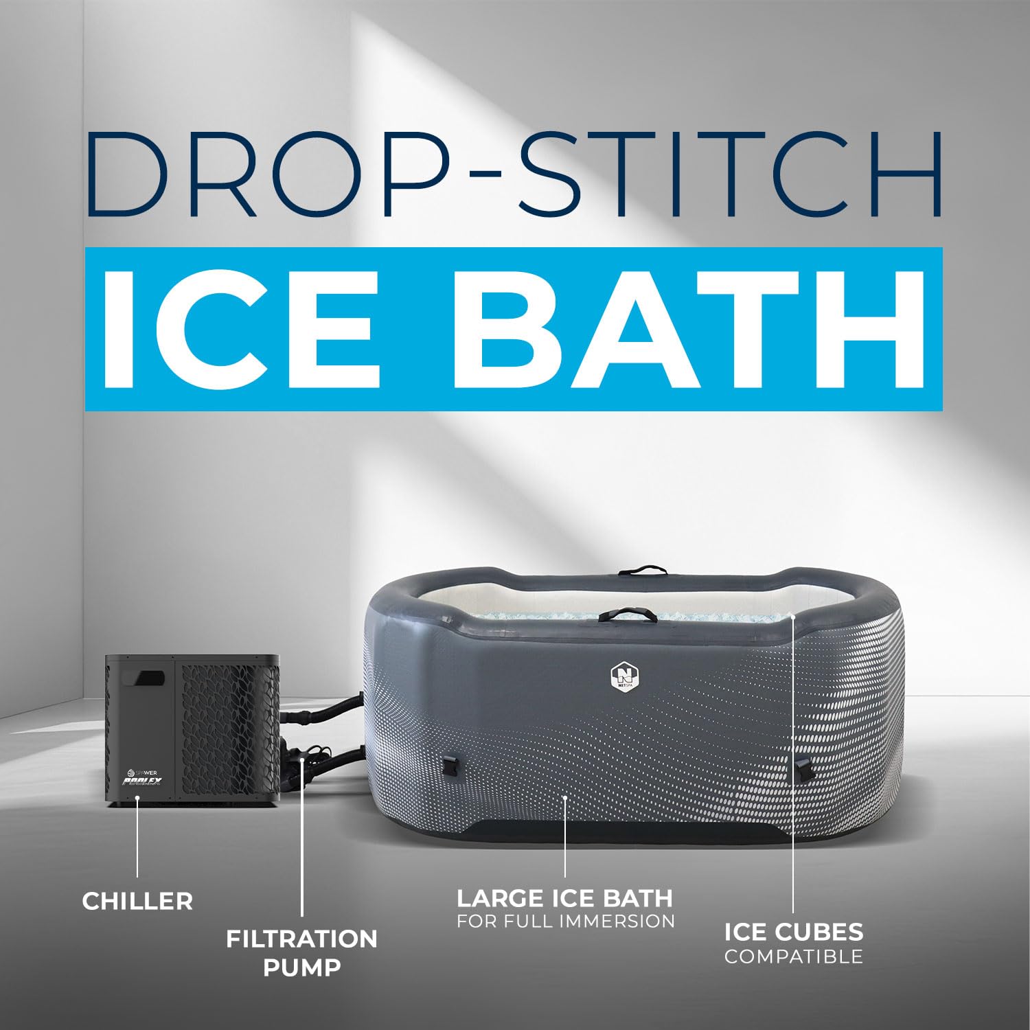 N NETSPA Järvi Pack Chiller 5 kW – Ice Bath portátil Drop-Stitch con enfriamiento 3 °C a 42 °C, Chiller ultraeficiente, Compatible con Hielo, WiFi, instalación rápida Plug & Play