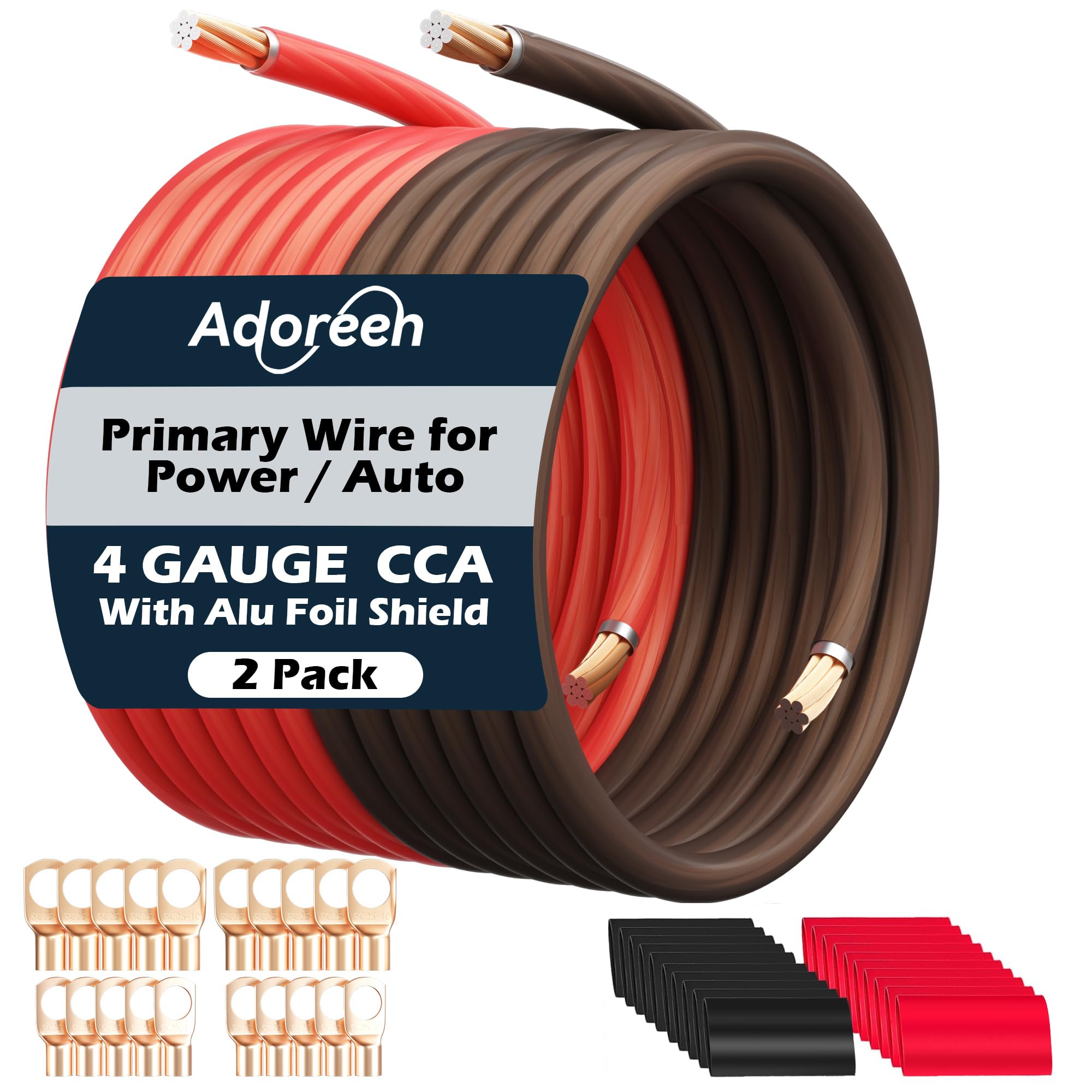 4 Gauge AWG Power/Ground Wire Cable 35 Ft Black+35 Ft Red, High Power Shielded CCA Soft Automotive Welding Battery Wiring Kit,for Car Audio Amp Speaker RV Trailer Marine Solar+ Lugs&Heat Shrink Tubes