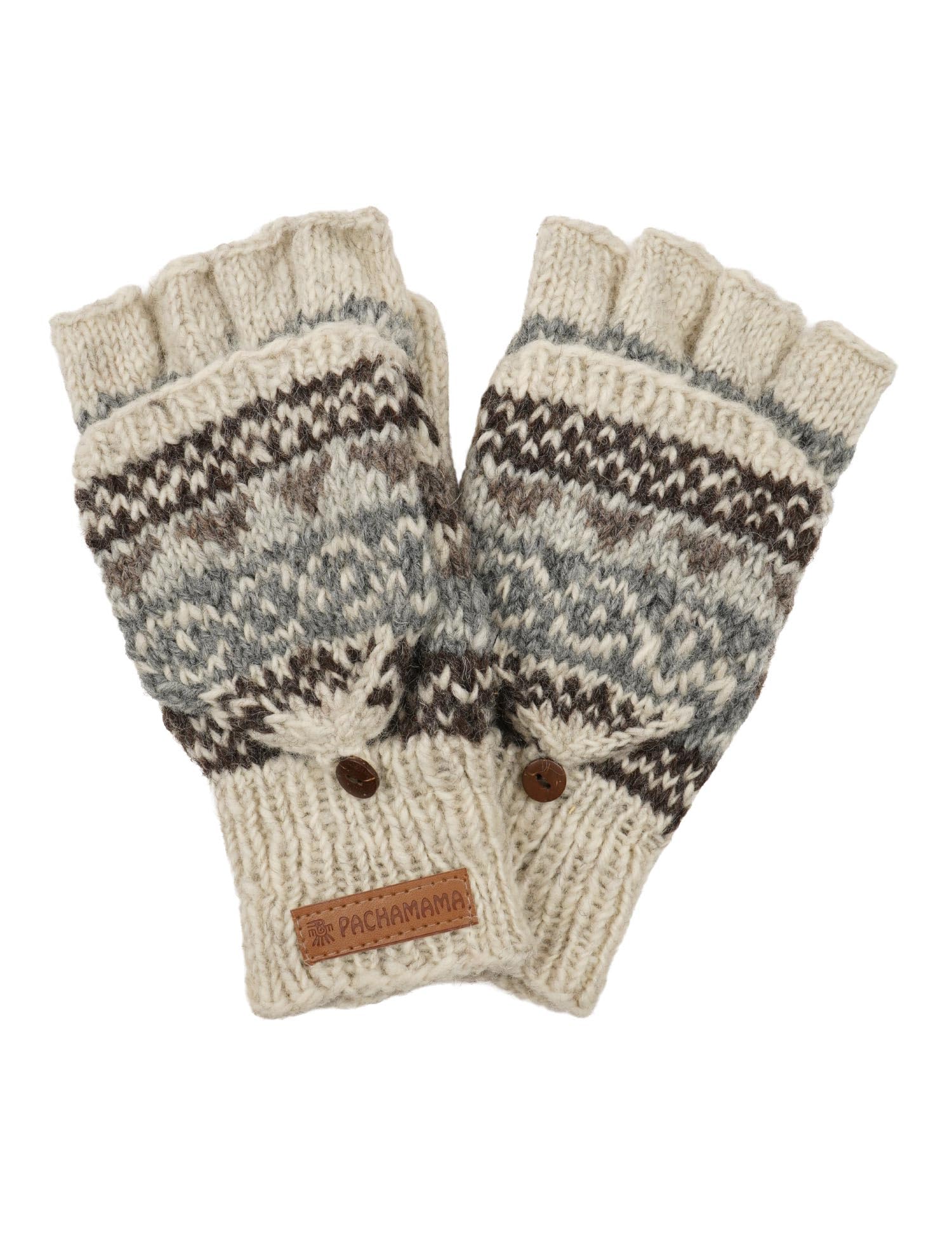 Pachamama Women Wool Fingerless Glove Mittens Handknitted Fair Isle Multicoloured One-Size Handmade Extra Warm Fair Trade (Natural)