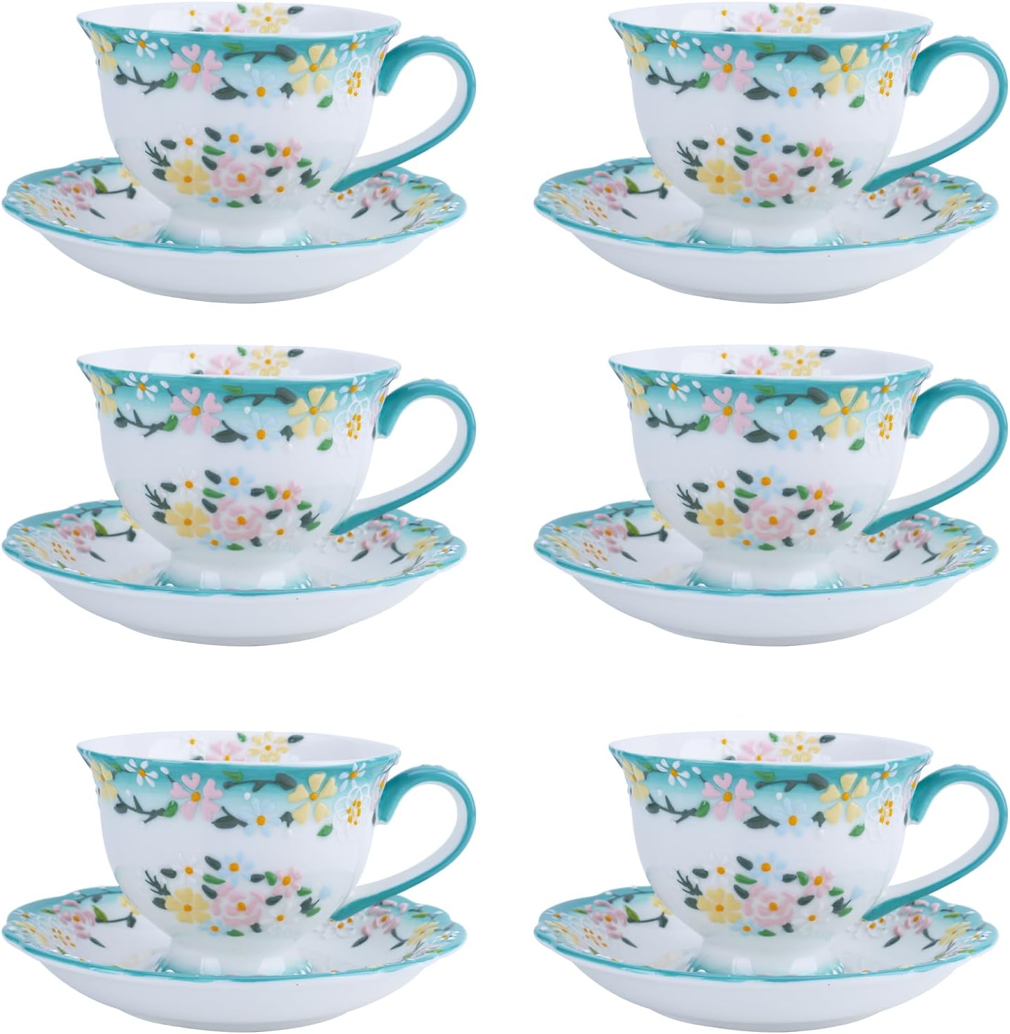 Handmade Ceramic Tea Cup and Saucer Set of 6, Porcelain 7oz Coffee Mug Set, Espresso Cup Set with Raised Glaze Floral Decoration for Women Tea Party & Christmas & Wedding (6 Set without Teapot, Blue)