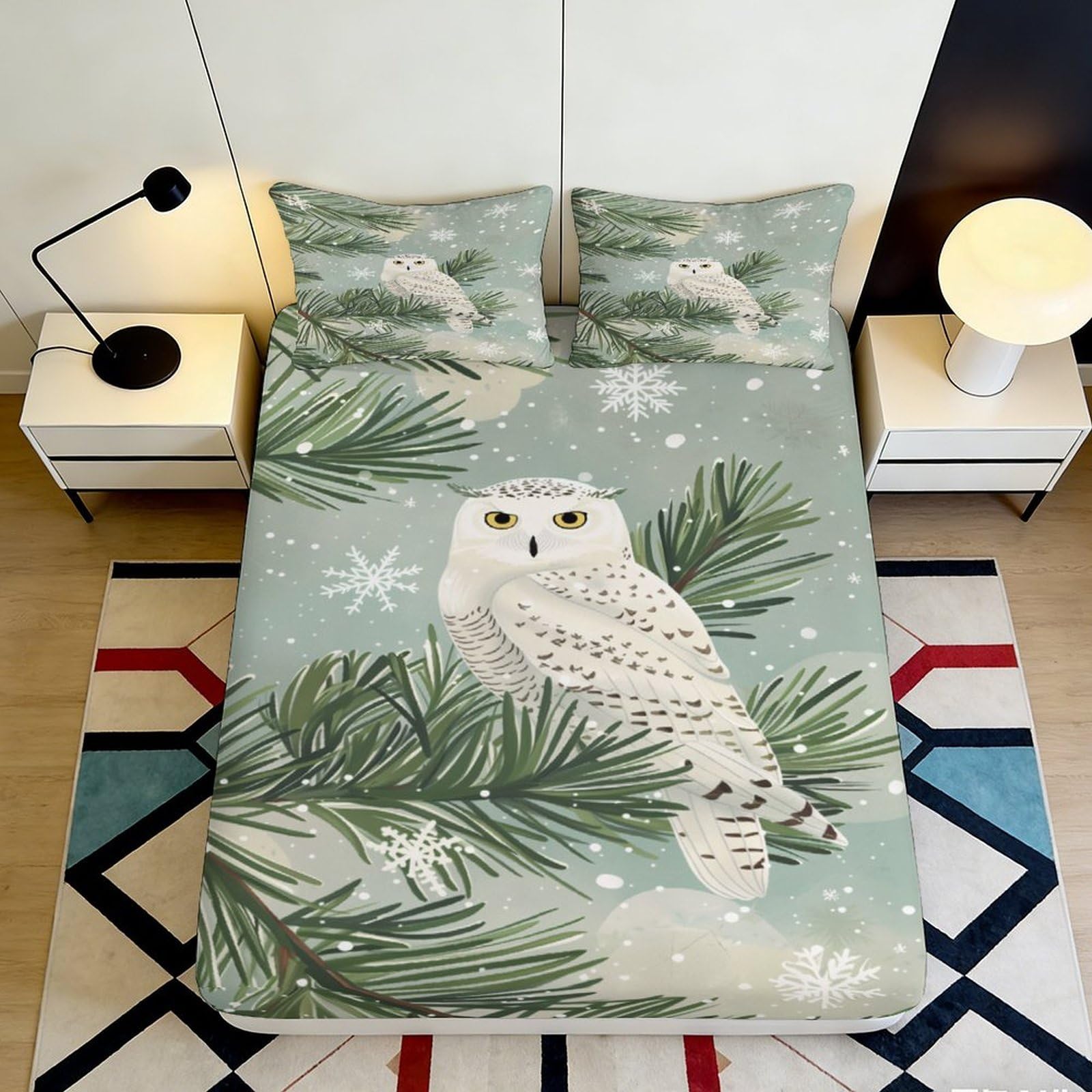 Jqzkxnhpbr Style-3 3D Printed Snowy Owl Fitted Sheet Microfiber Soft Green Pine Forest Mattress Cover For Bedroom Guest Room Decor 90X200x25cm