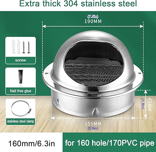 Miniatura 10 de Tapa de chimenea de acero inoxidable 304, cubierta de salida de ventilación de pared redonda, cubierta de salida de ventilación de baño, cubierta de