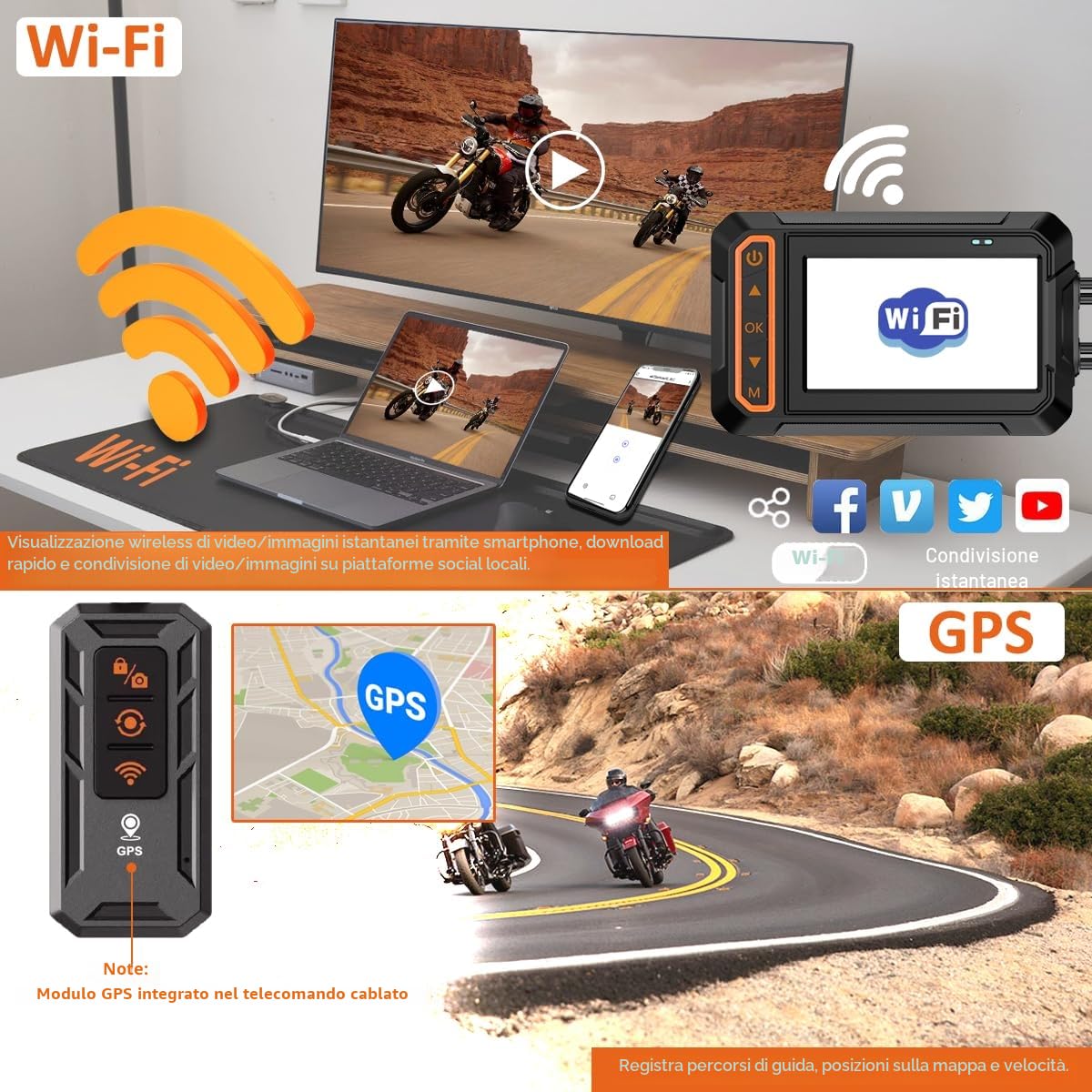 ydi Dash Cam Anteriore e Posteriore 1080P per Moto, Impermeabile Moto Doppia Grandangolare 155 Gradi Fotocamera con Schermo da 3 Pollici, Wi-Fi, GPS, Telecomando a Filo, Monitor di Parcheggio