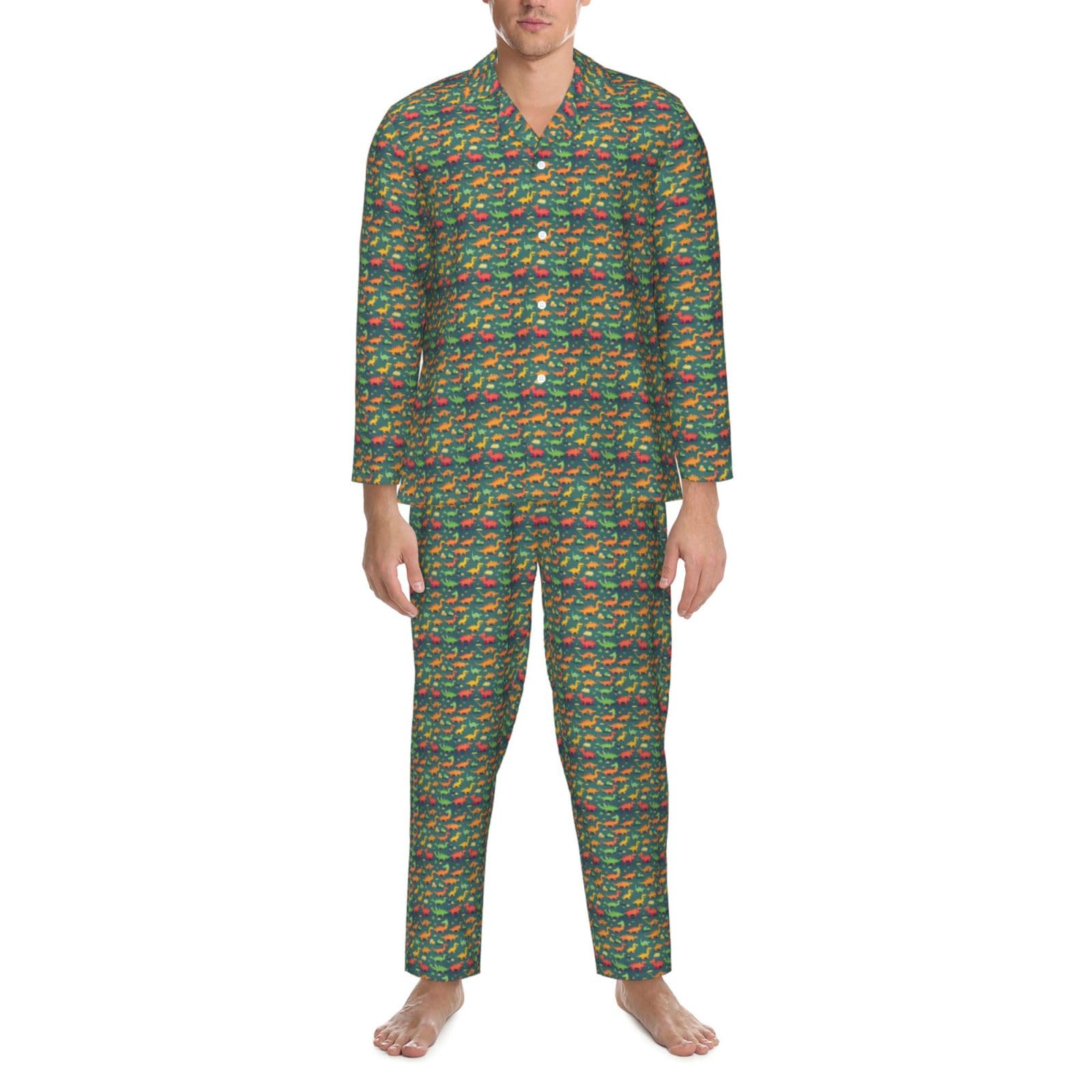 Langärmeliges Pyjama-Set für Herren, Motiv: viele kleine Dinosaurier, zweiteilig, bequeme Nachtwäsche