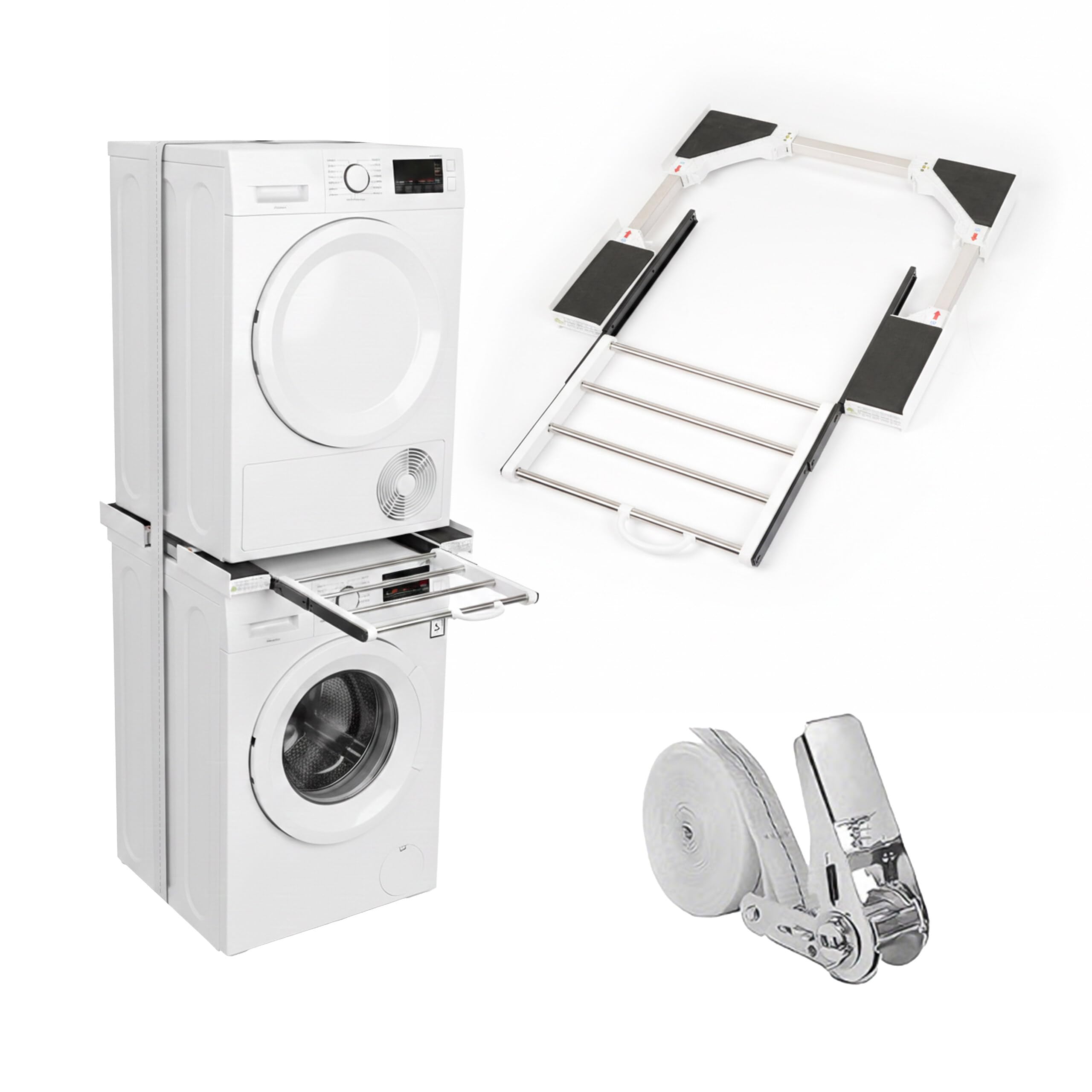 Relaxdays kit telaio impilaggio asciugatrice su lavatrice con cinghia, regolabile 45-72 cm, universale, bianco