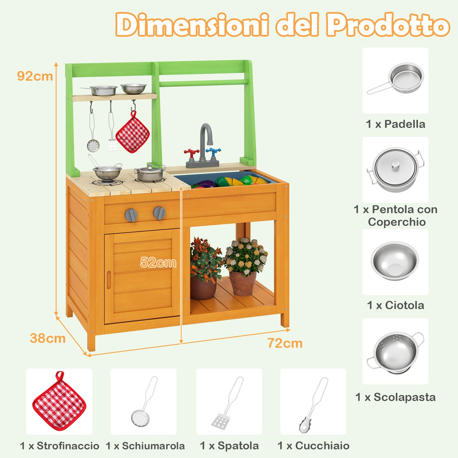 GYMAX Cucina Giocattolo in Legno per Bambini, Cucina da Esterno con Fornelli, Lavello, Rubinetto, Suoni, Accessori Ricchi e Ripiani Aperti, Giocattolo Interattiva per Bambini 3+ Anni