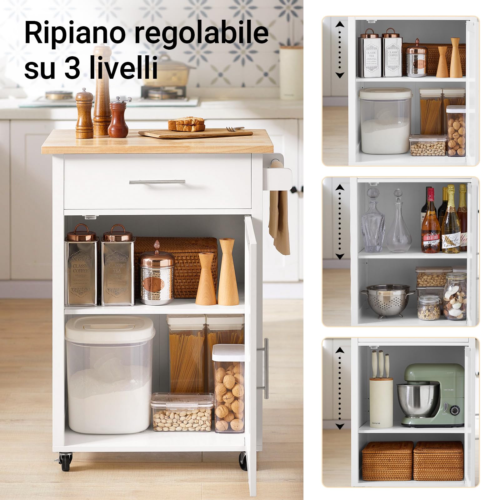 SoBuy Carrello Cucina con ruote frenate & piano, 68x90x46cm, per cucina | Mobile Cucina Salvaspazio con cassetto, ripiano regolabile & barra, portata 45 kg, MDF(E1), sala pranzo/outdoor, FKW102-WN