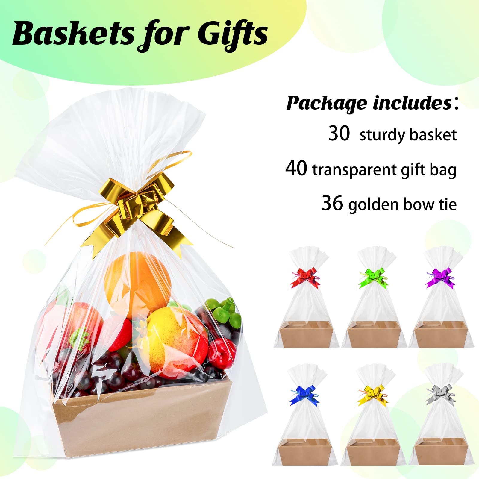 Set di 106 cesti regalo vuoti, 30 cestini regalo in cartone, 20 x 15 x 7 cm, per regali con manici, 40 sacchetti e 36 fiocchi multicolore per feste, casa, matrimonio, compleanno, cibo, servire oggetti