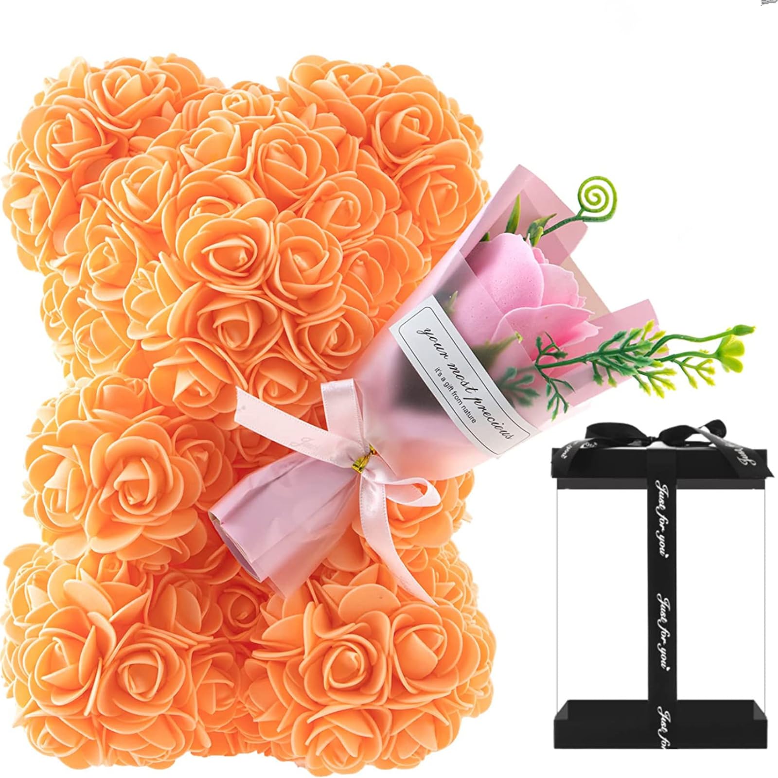 Ch Hiubie Orange + Gift Box Rose Bear, Rose Teddy Bear, Flower Gift Box For Valentine's Day, Anniversary, Mother's Day, Christmas, Birthdays, Bridal Showers, Fully Handmade (, 1)