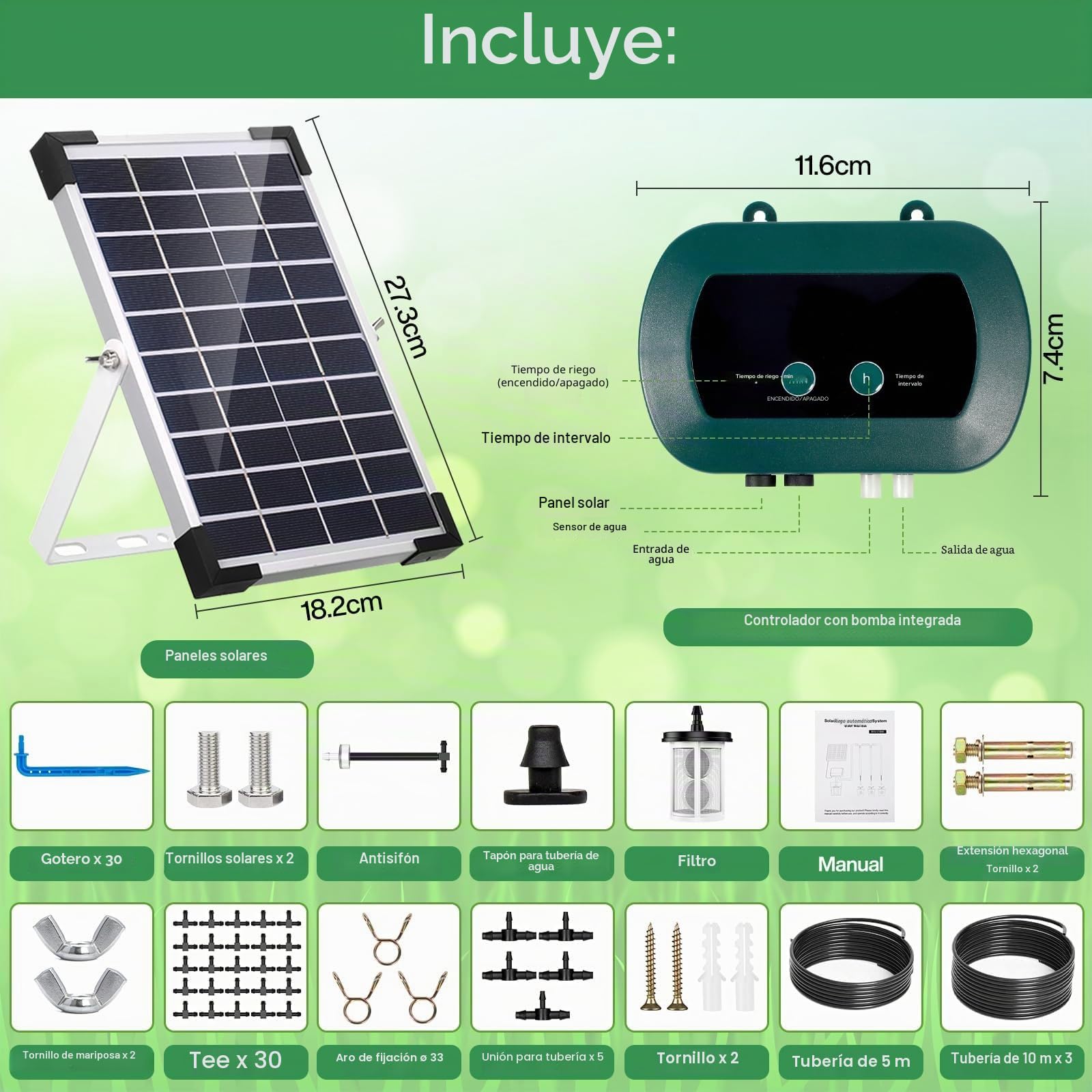 Kit de Riego por Goteo Automático Energía Solar, Sistema de Riego Automático Solar, Sistema de Riego Automático de Jardín con Temporizador e Tubo Lungo 35M para Jardín, Plantas de Balcón