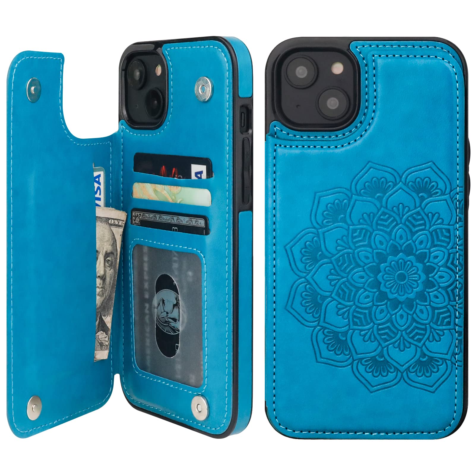 Vaburs Compatible with iPhone 14 Plus Case Wallet with Card Holder, Embossed Mandala Pattern Flower PU Leather Double Buttons Flip Shockproof Cover for Magnetic Car Mount 6.7 Inch (Blue)