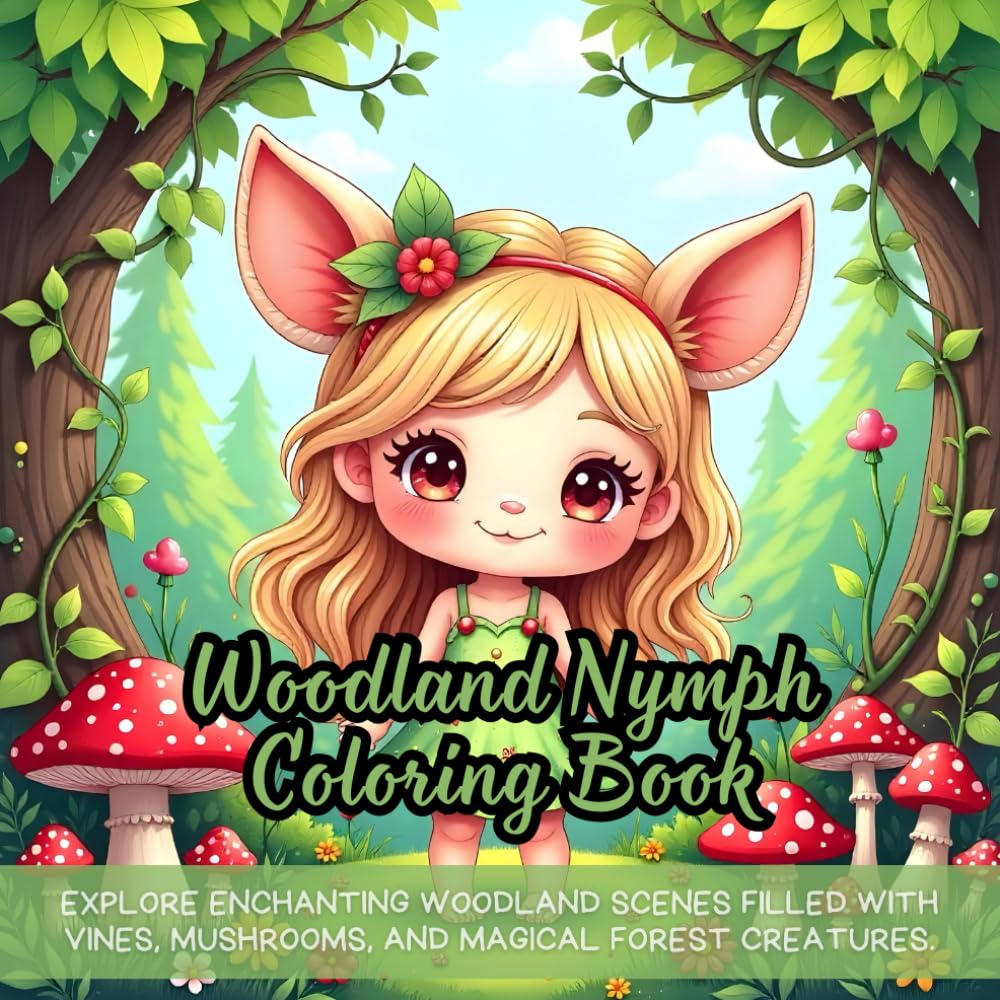 Woodland Nymph Coloring Book: Explore enchanting woodland scenes filled with vines, mushrooms, and magical forest creatures.