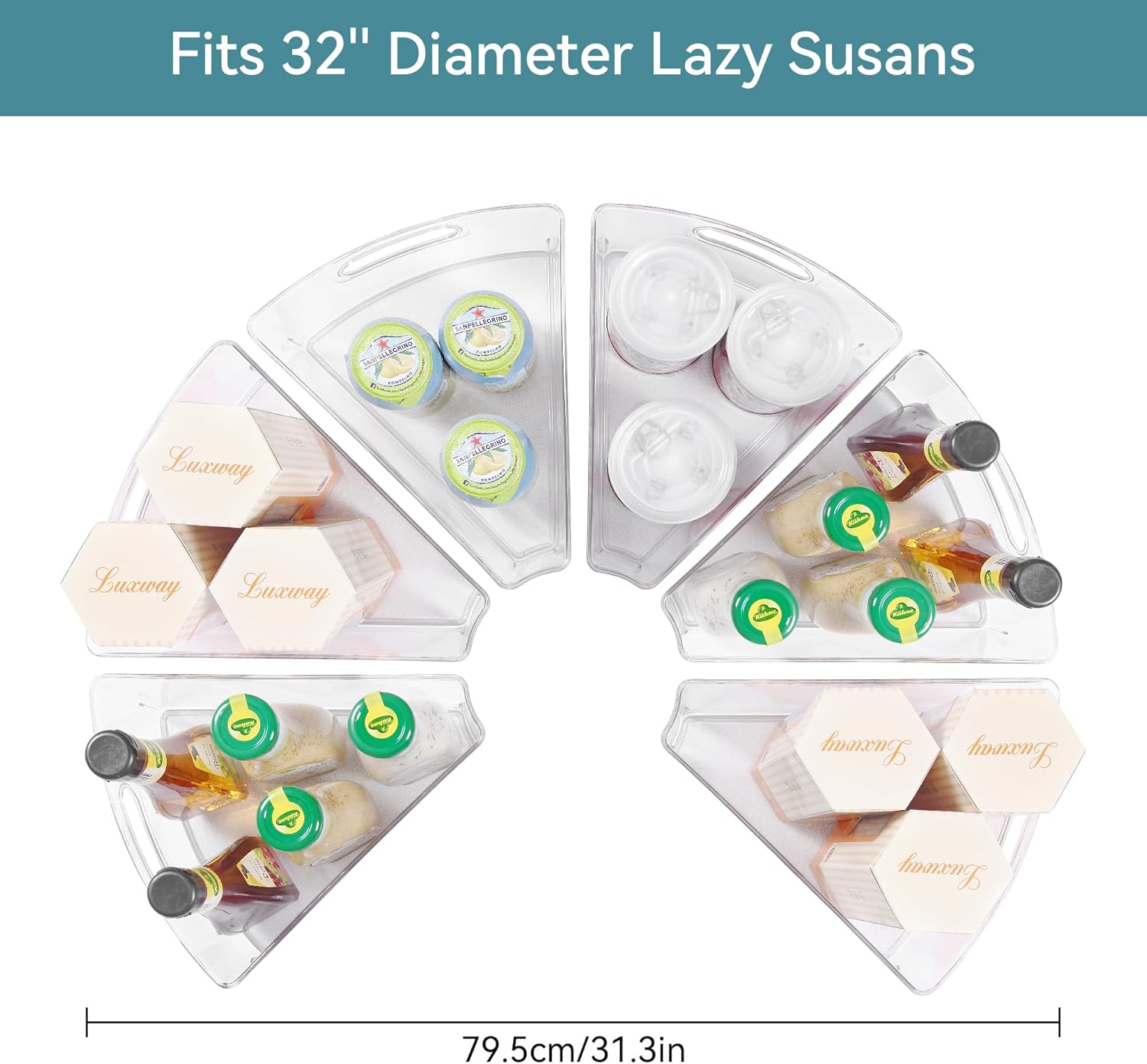 oubonun lazy susan organizers set of 6, 12.8’’ x 11.7’’ x 4’’ plastic transparent kitchen cabinet storage bins with handle, 4" deep container, 1/8 wedge - food safe, without bpa for 32" lazy susan 6 pack