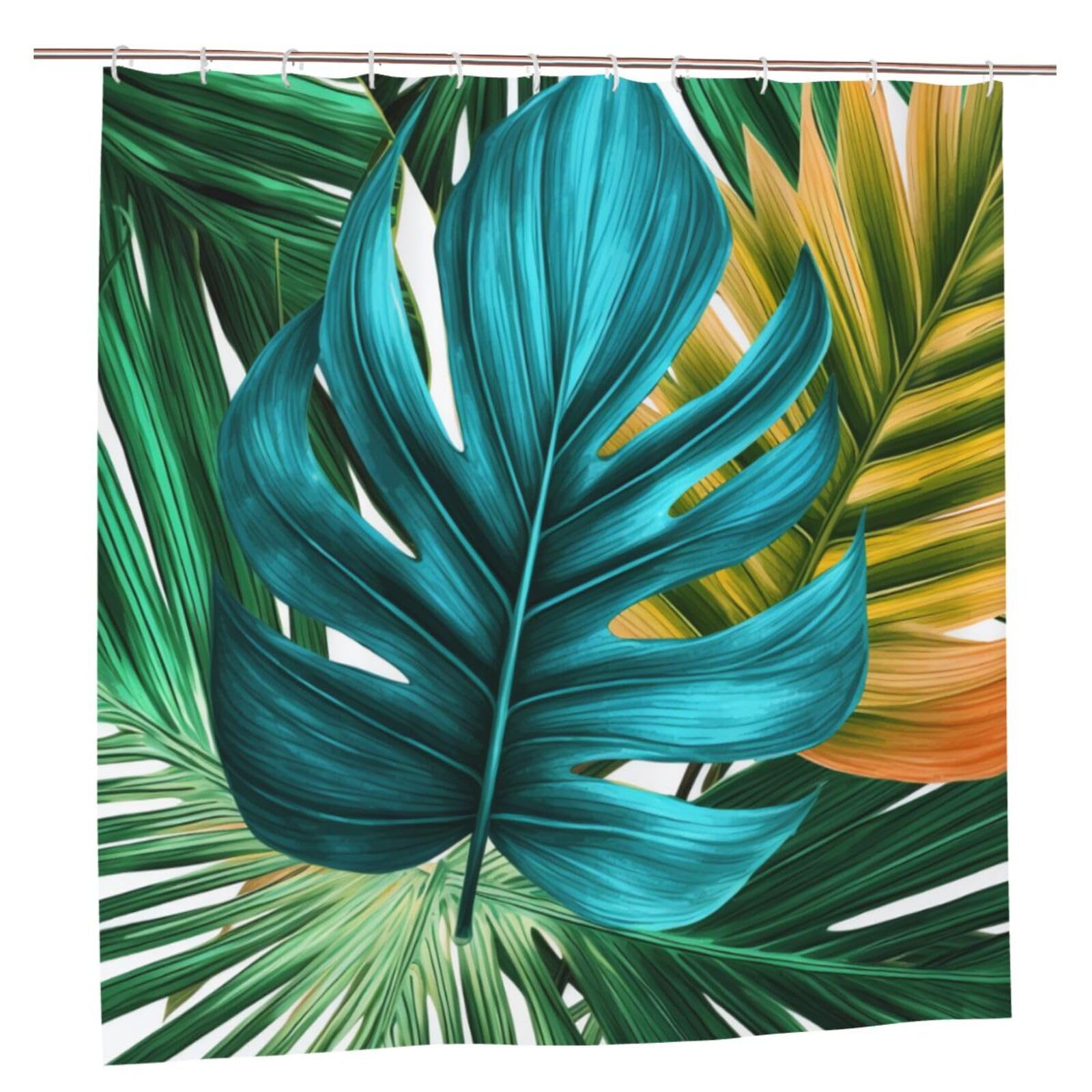 BWWHCCTI Tropical Palm Leaf Printed Shower Curtain With 12 Plastic Hooks Opaque Quick Drying Waterproof Shower Curtains Sets For Bathroom 183x183 CM