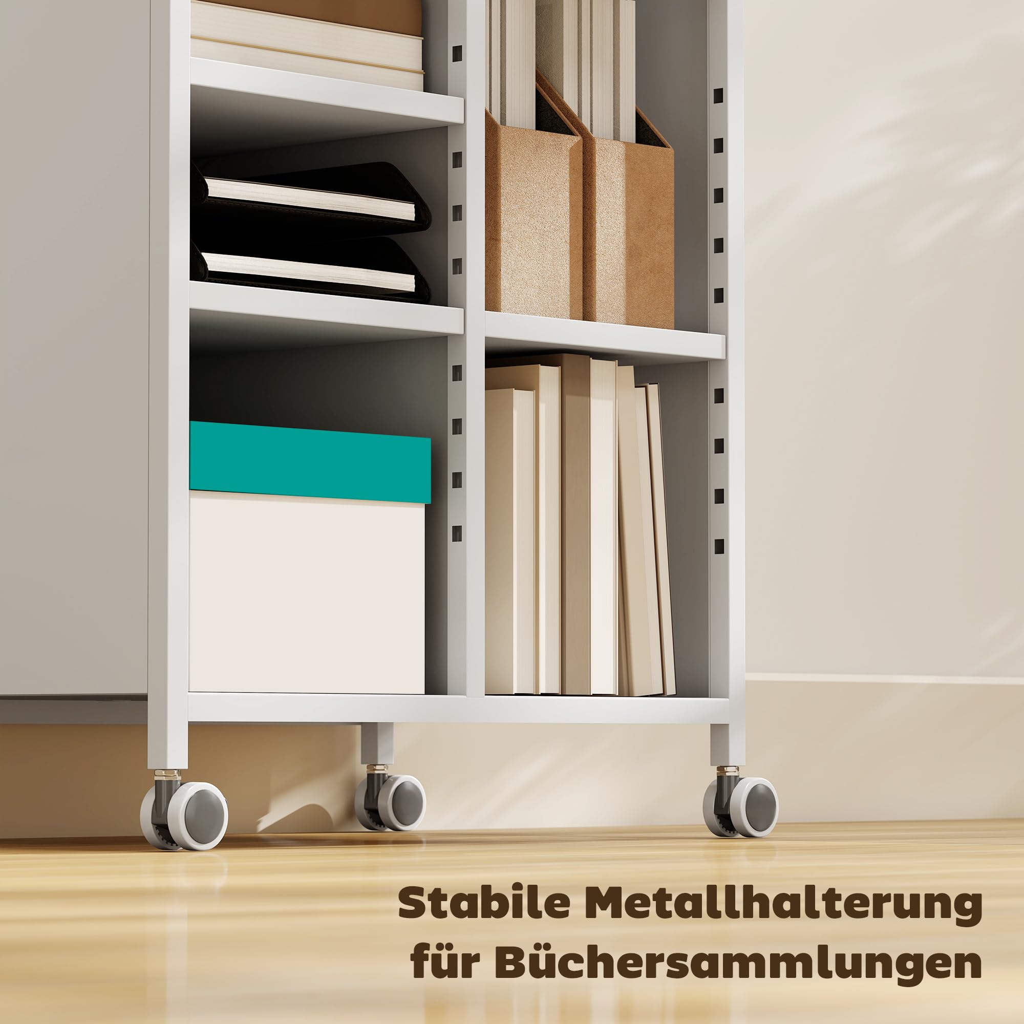 HOMCOM Bücherregal mit Rollen, Bücherwagen mit 4 Ebenen, oberem Aufbewahrungskorb, verstellbaren Regalen, Rollwagen für Zuhause, Wohnzimmer, Büro, Weiß