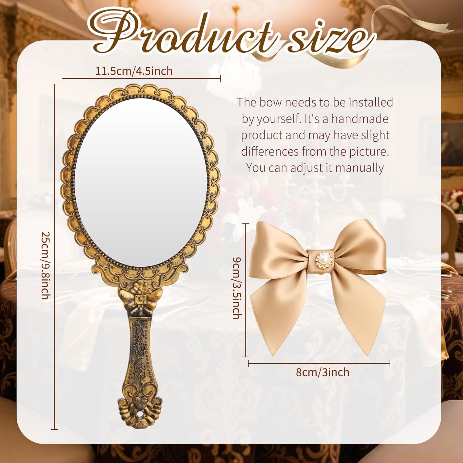 Wesiti 8 Pcs Vintage Handheld Mirrors Embossed Flower Princess Mirror with Bow Makeup Cosmetic Glass with Handle for Wedding Party Favors(Brass Gold)