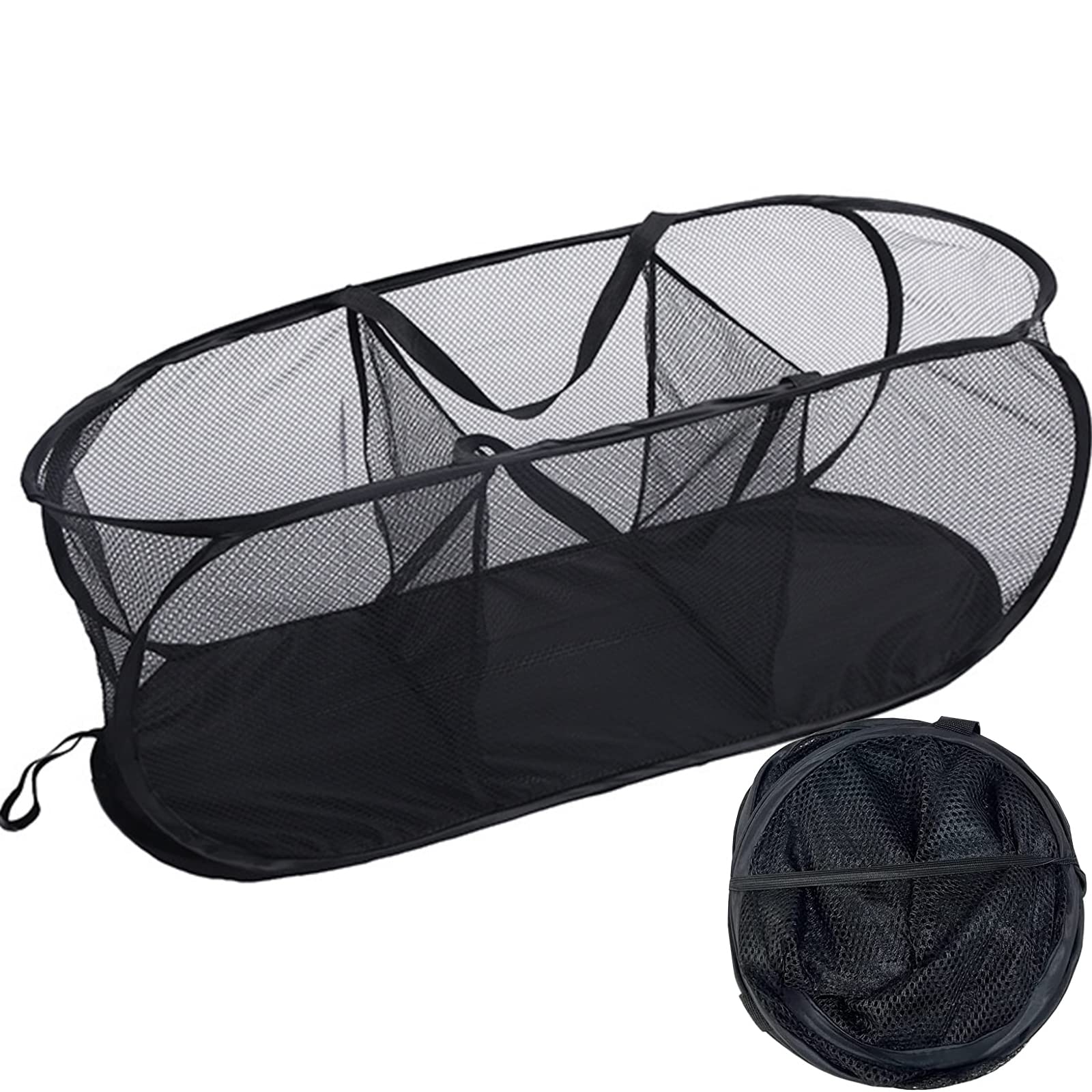 IS MUHE Large Mesh Pop Up 3 Compartment Laundry Sorter Hamper，Collapsible Laundry Basket with Durable Handles Solid Bottom High Carbon Steel Frame(Black)