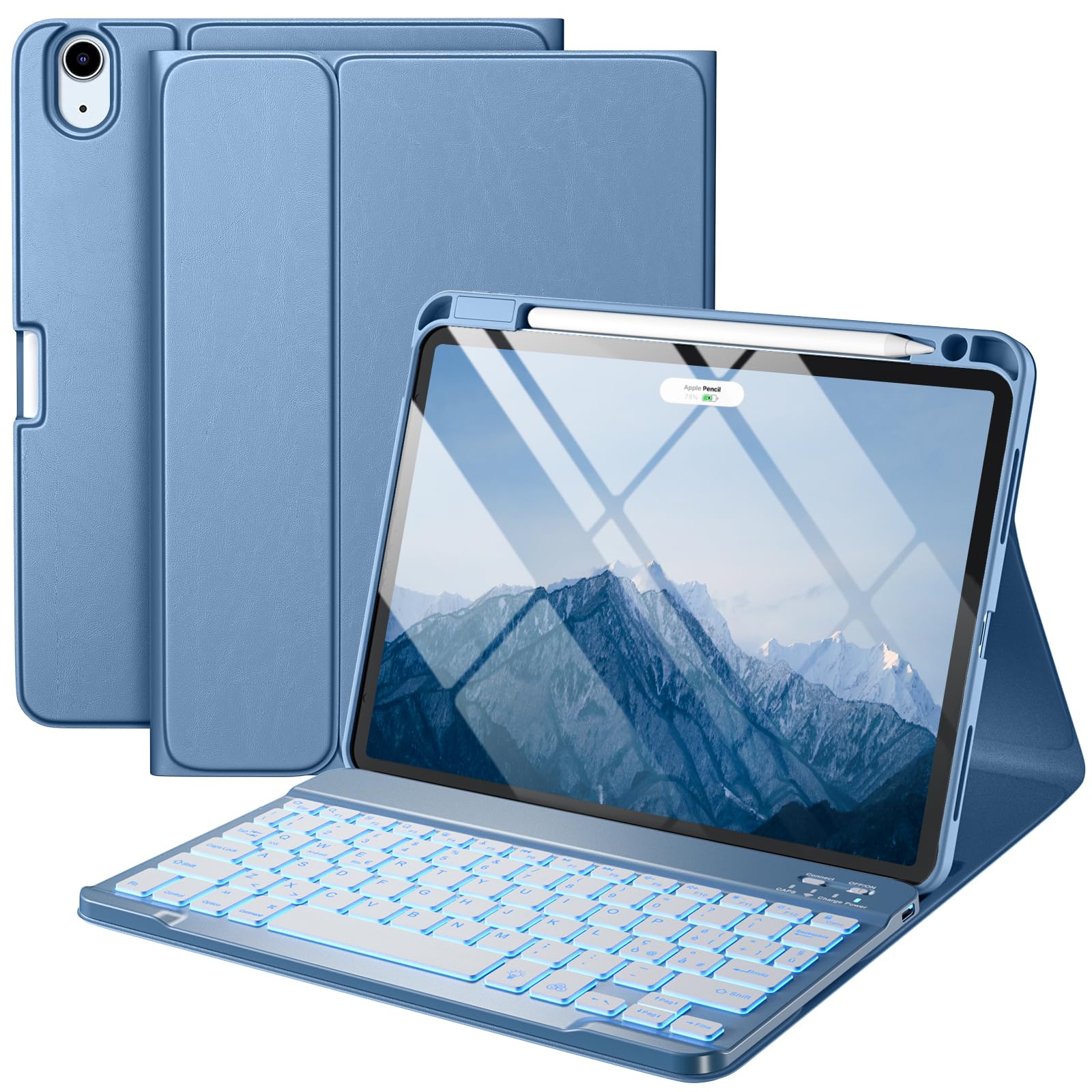 Vobafe Cover con Tastiera per iPad Air 11 Pollici M2 2024/Air 5 4 Generazione, Retroilluminazione a 7 Colori, Tastiera Staccabile Senza Fili Supporto per Matita, Layout Italiano, Blu