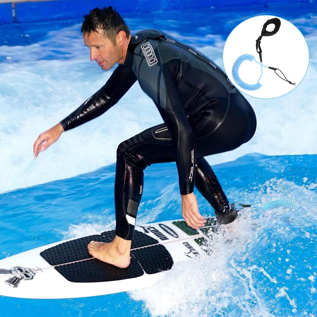 10ft SUP Guinzaglio, Lacci di Sicurezza da Surf Adulti, Guinzaglio da Surf, Spirale Leash SUP TPU, Regolabile Guinzaglio da Surf per Stand Up Paddleboard Kayak Bodyboard Longbooard