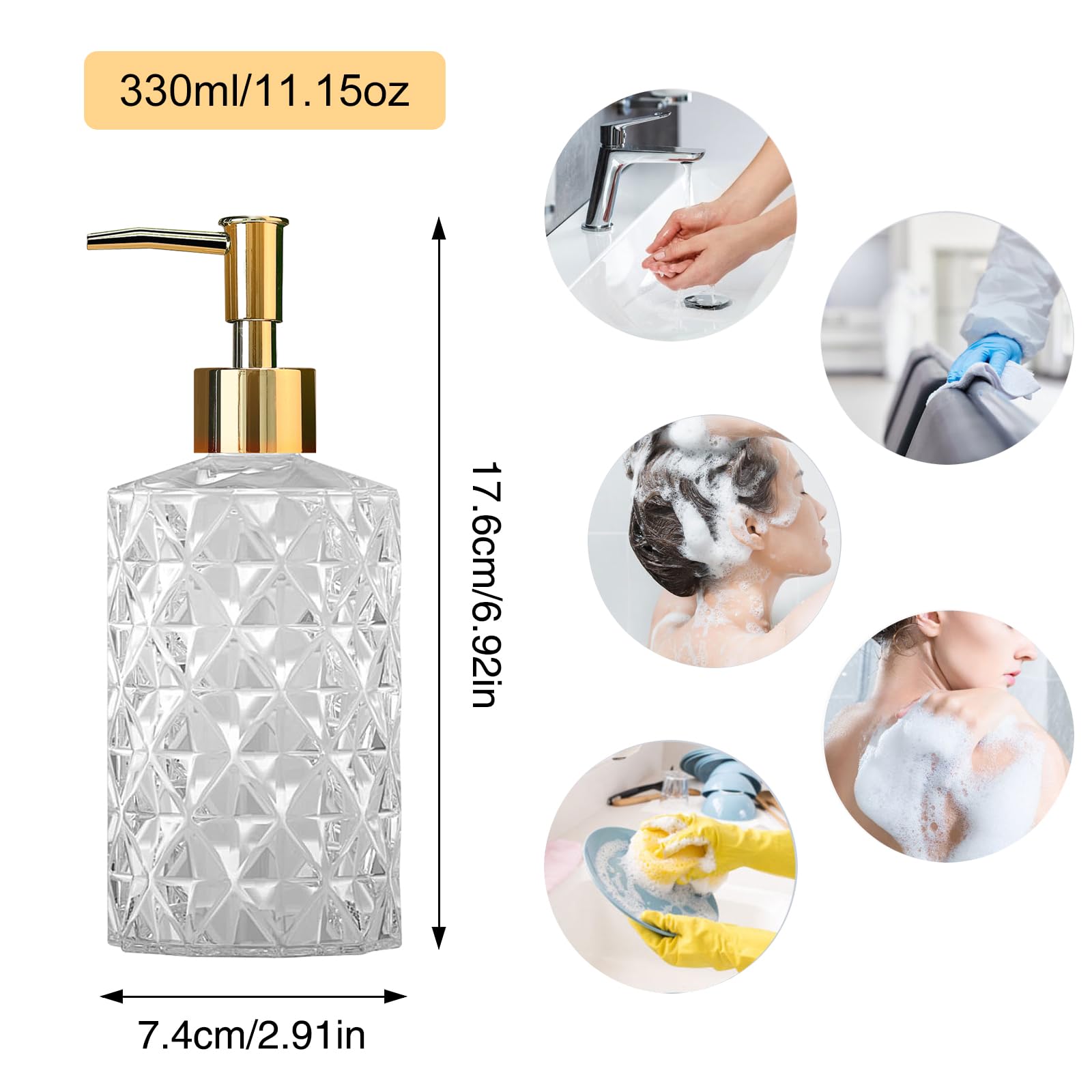 Dozownik mydła ze szkła kryształowego, 330 ml/12 oz. Przezroczysty dozownik balsamu ze złotą pompką, wielokrotnego użytku, do mycia naczyń, żelu pod prysznic, szamponu (zestaw 4 szt.)