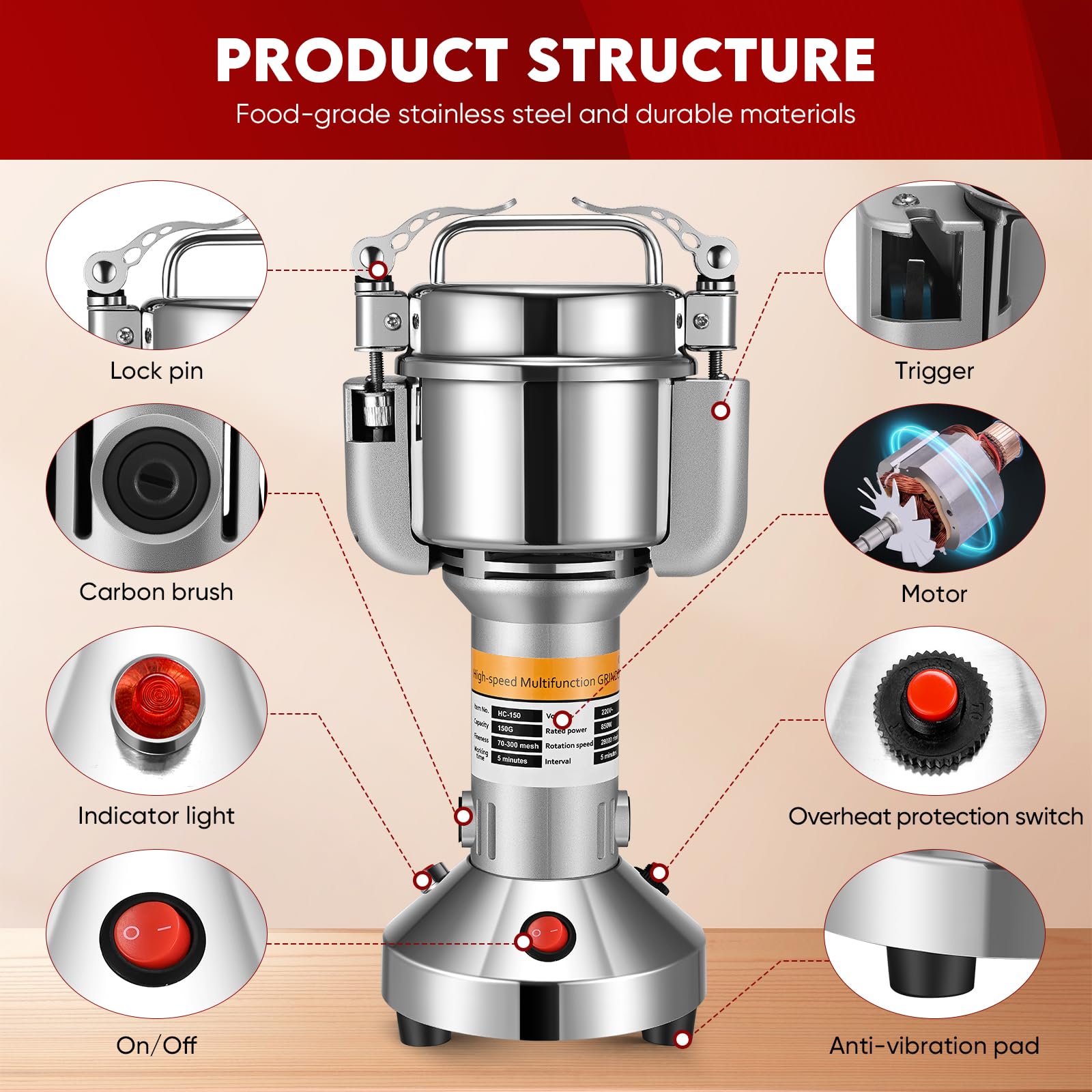Mulino per Cereali,150g Portable Grinder 850W Macinaspezie Elettrico 3 Lame per Diversi Cereali, Erbe, Spezie, Noci
