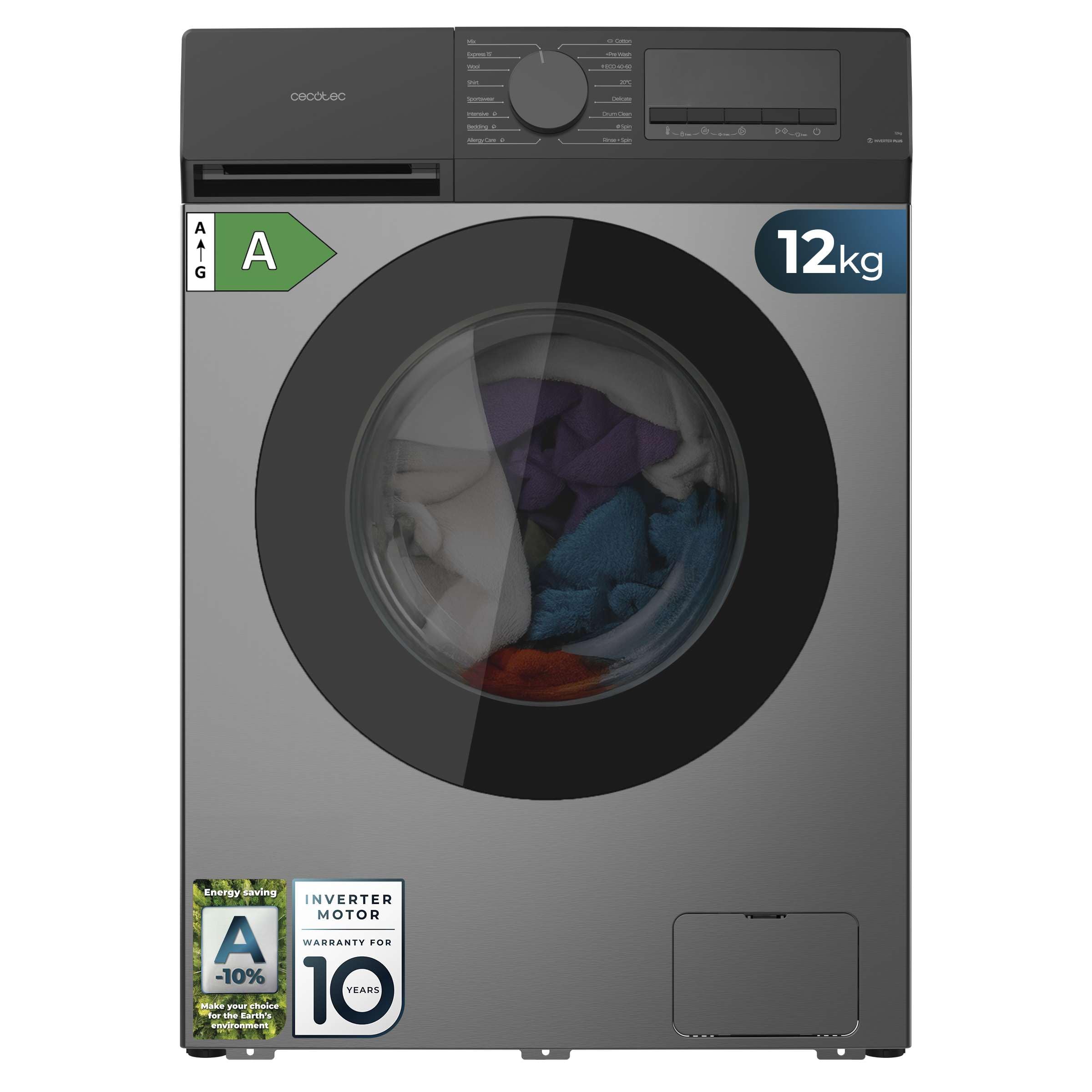 Cecotec Washing Machine Front Load 12 kg Bolero DressCode 12450 Inverter Steel, 1400 rpm, 16 programs, Class A-20%, Inverter Plus Motor, Allergy Care, Pearl Drum, Silence Function, Stop&Go, KidLock, Steel
