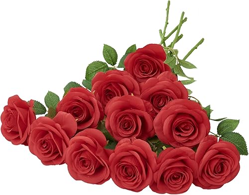 Helera 12 rosas artificiales, rosas artificiales de seda roja, rosas con tallos largos para bodas, hogar, fiestas, centros de mesa, decoración