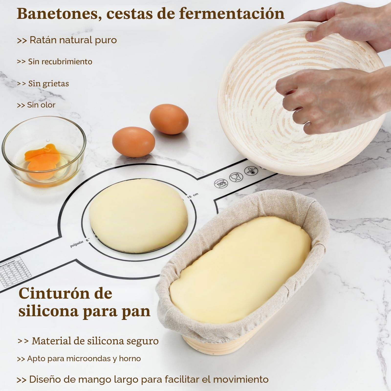 BEWOS Cesta de Fermentación para Pan de 9 Piezas - Contiene Canasta Oval 25 cm y Redonda 23 cm para Fermentar, Hecho en Mimbre Natural, con una Rasqueta y su Funda Protectora