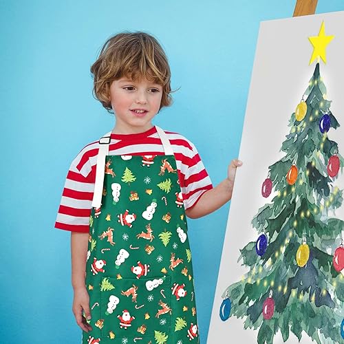 Miniatura 2 de ASPMIZ Delantal de cocina de Papá Noel verde con correa ajustable para el cuello, delantal impermeable de muñeco de nieve de invierno para niños