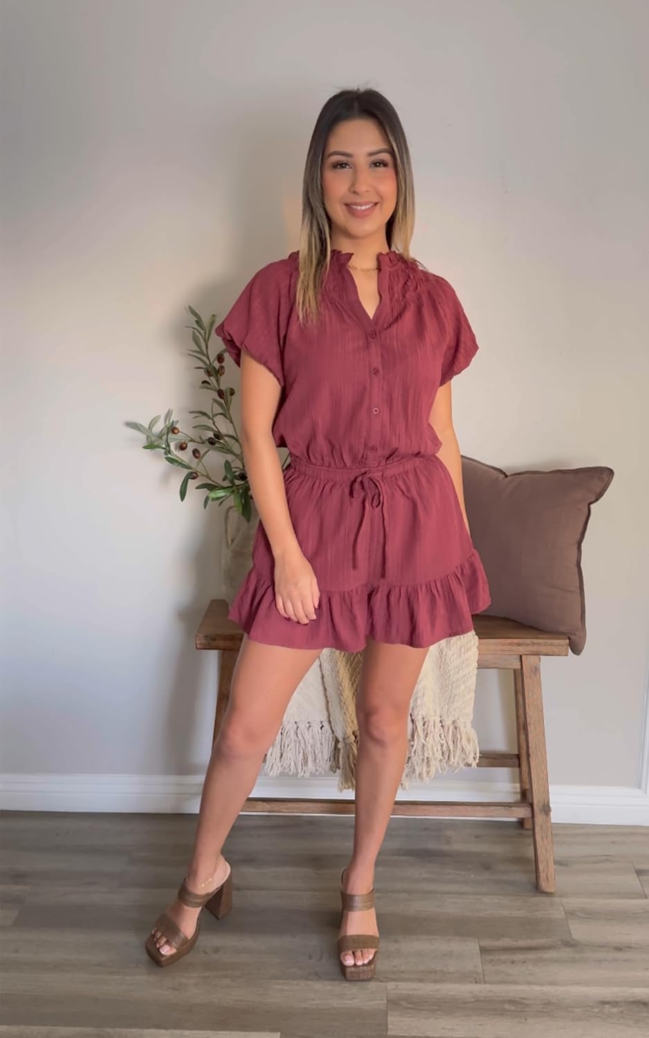Angashion Womens Summer Shorts Rompers V Neck Puff Sleeve Casual Button Up Wide Leg Elastic Waist Jumpsuit With Pockets