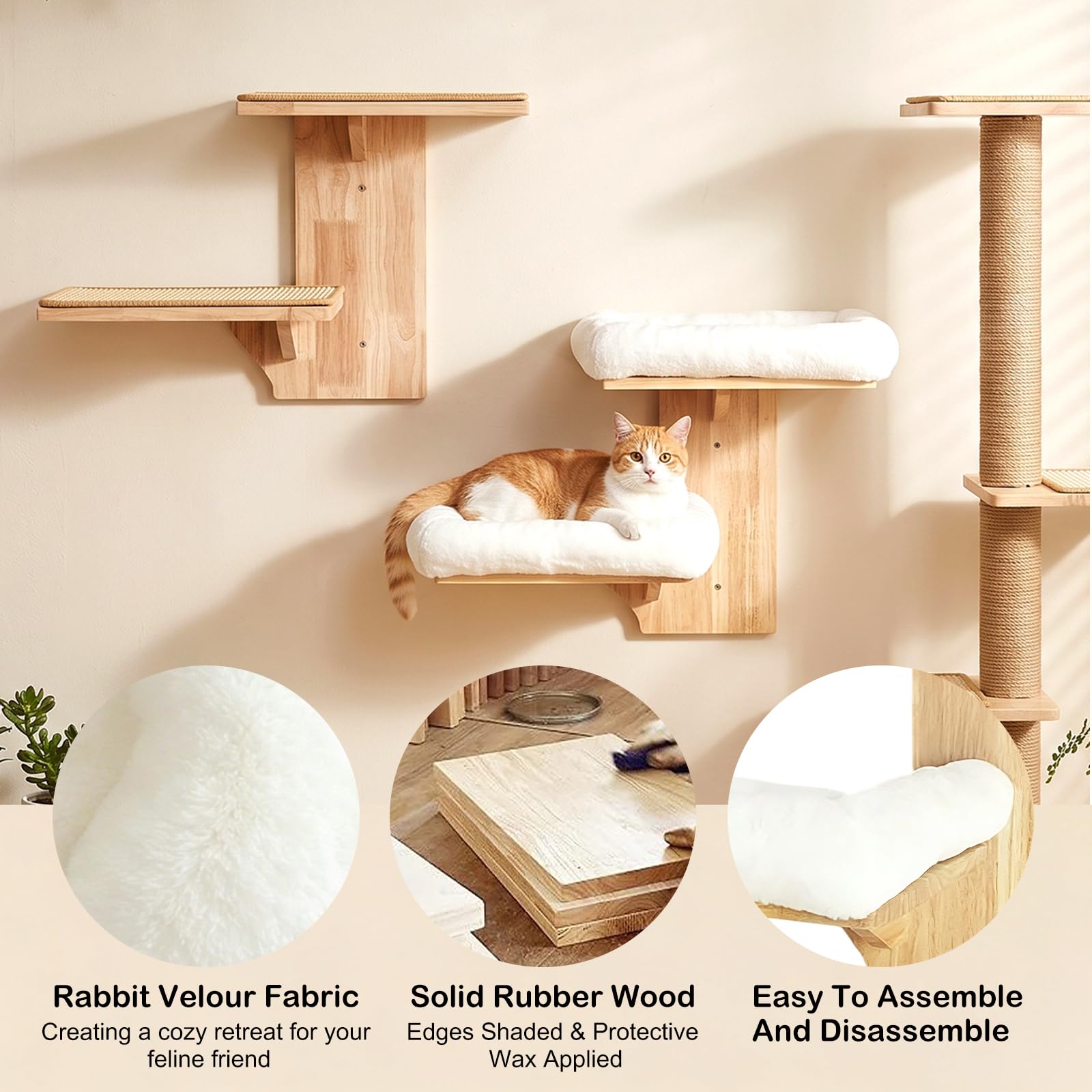 Kletterwand Katze, 40,6 cm Wandmontiertes Katzen, Kleiner Katzenbaum, Doppellagig Plattform-Katzen-Wandmöbel aus Massives Gummiholz,Wandregale zum Klettern, Spielen,Kratzen (Plüsch)