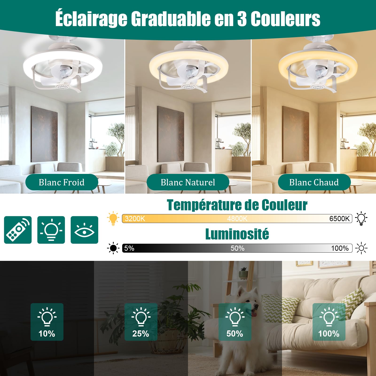 YOOHBERRYS Ventilateur de Plafond avec Lumiere RGB, Douille E27, Silencieux, Telecommande, 28cm*18cm