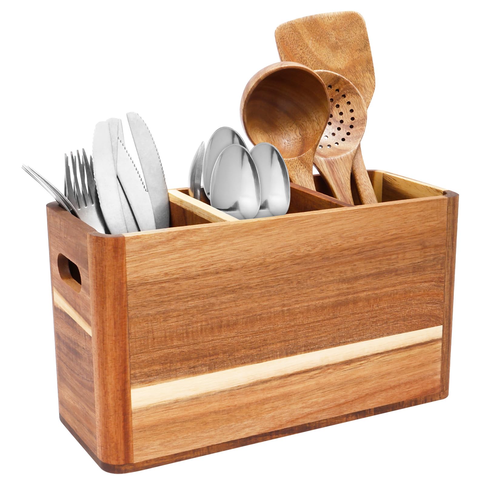 Wooden Kitchen Utensil Holder Organizer for Counter or Countertop, Wooden Utensil Holder for Storage Cooking and Silverware with 3 Compartment and Drainage Holes, Farmhouse Wood Container(Log color)