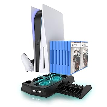 PS5 Accessories Stand, KIWIHOME PS5 Cooling Stand with Suction Cooling Fan and Dual Controller Charger Station for PS5 Console, 3 USB Ports &14 Game Slots for PS5 Digital & Disc Edition