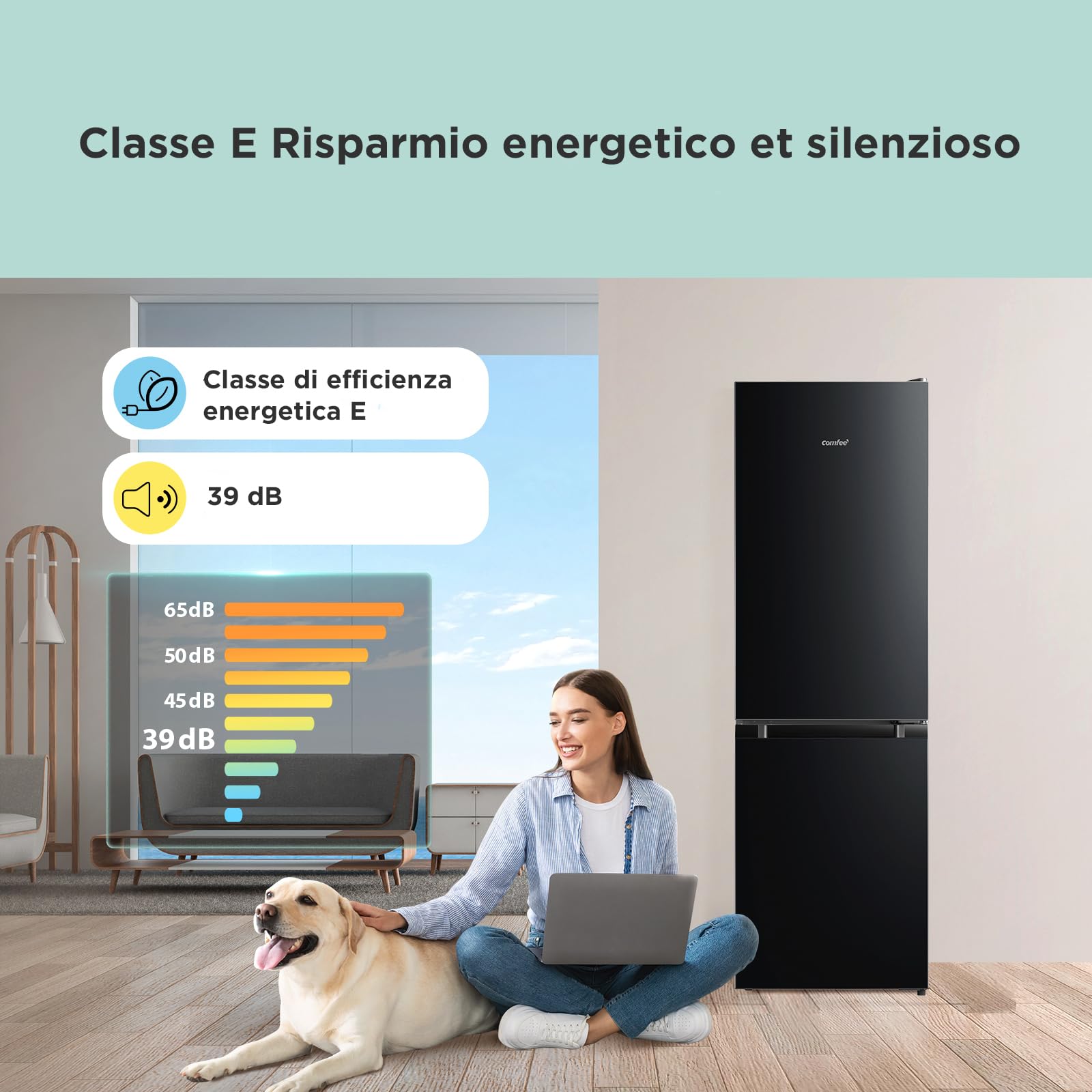 COMFEE' RCB169DK2(E) 174L Frigorifero Combinato, Altezza 150 cm, Tecnologia Low Frost, Silenzioso 39 dB, Illuminazione LED, 115L Frigo + 59L Congelatore, Libera Installazione, Nero